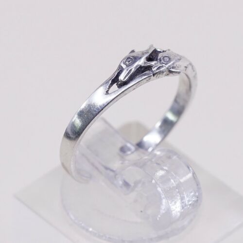Size 3.75, Vtg Sterling Silver handmade open end Ring. 925 Dolphin Pinky Band