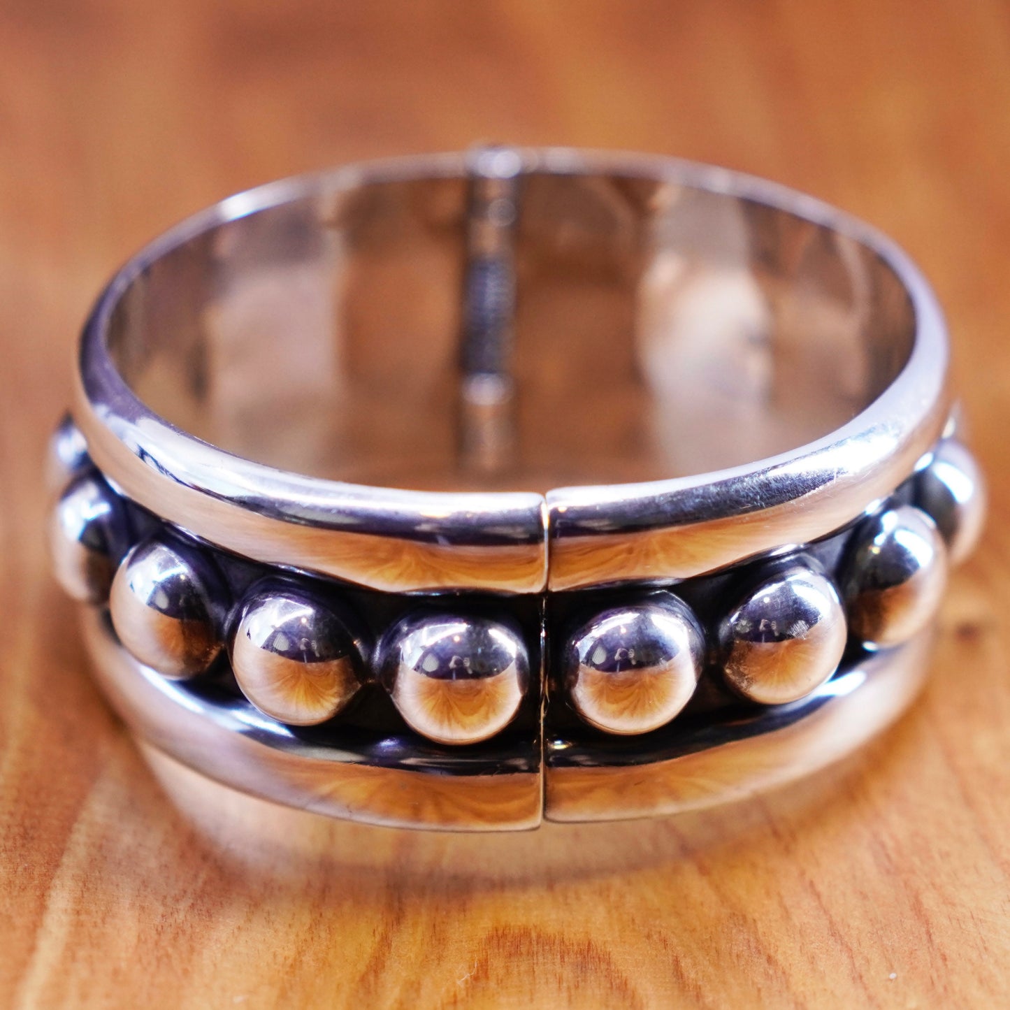 7”, antique sterling silver handmade bracelet, wide 925 hinged bangle w/ beads