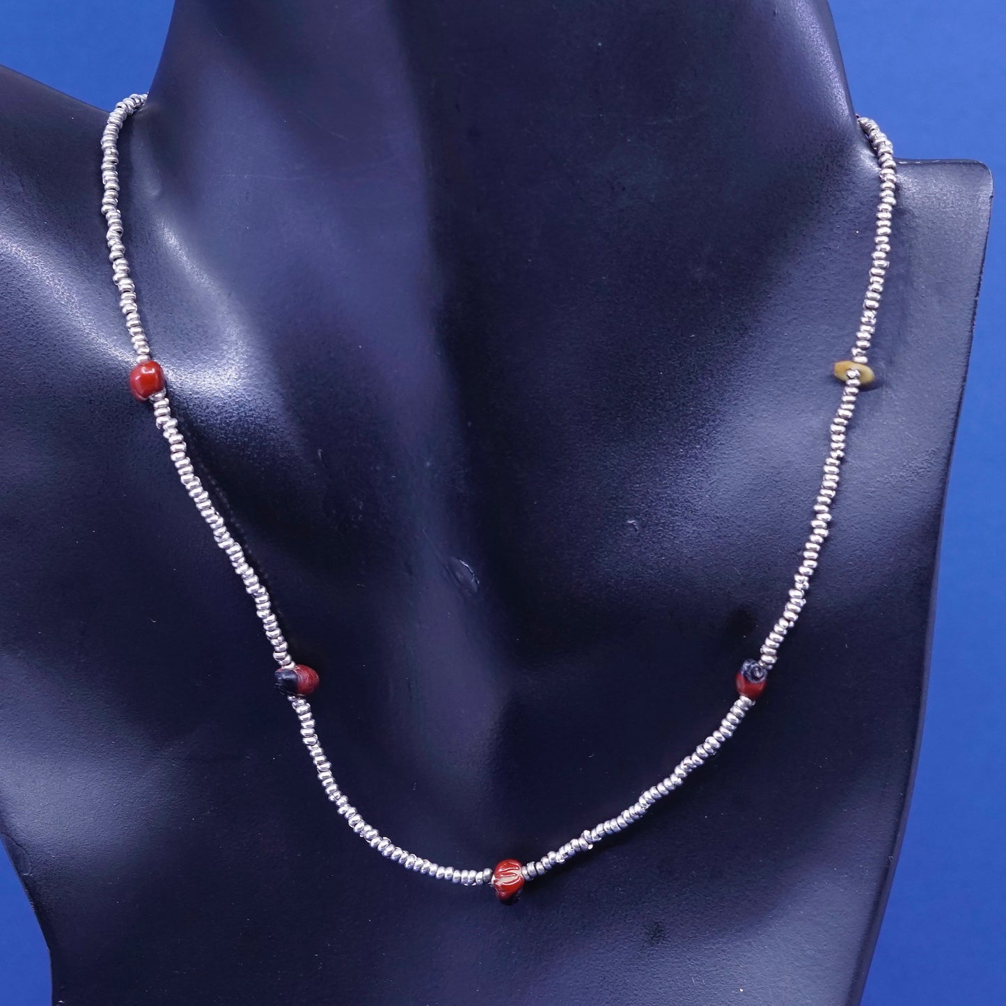 16”, Native American Navajo Sterling 950 silver heishi chain w/ coral beads