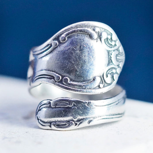 Size 6, vintage Sterling silver handmade ring, 925 flower spoon wrap band