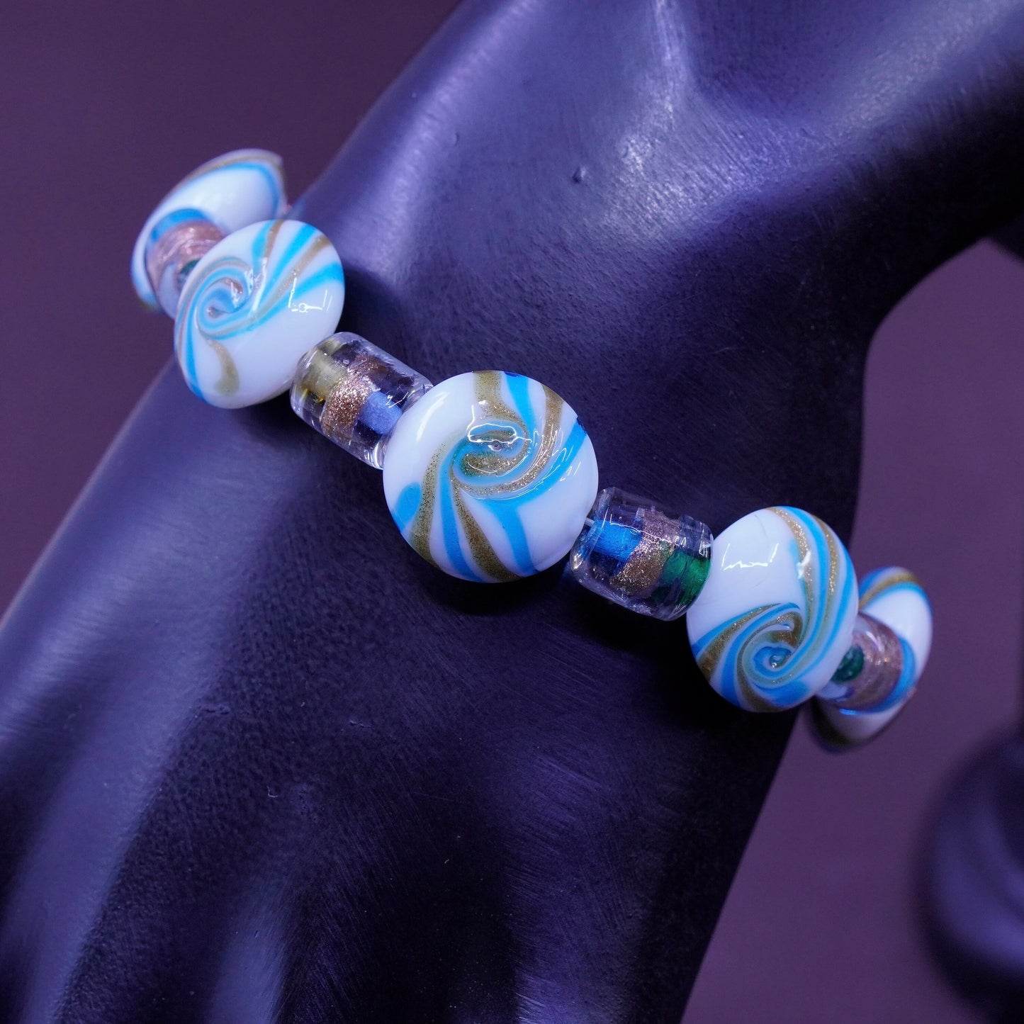 6.25”, Vintage handmade bracelet, blue artisan glass bead bracelet