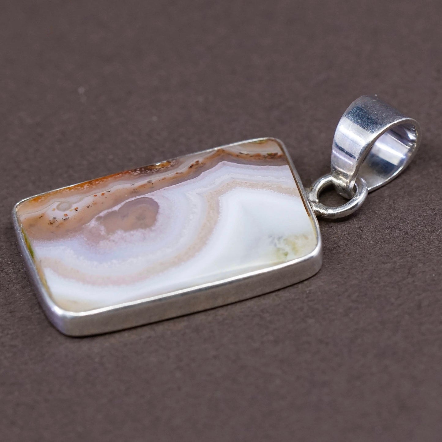 Vintage Sterling silver handmade pendant, square 925 pendant w/ lace agate