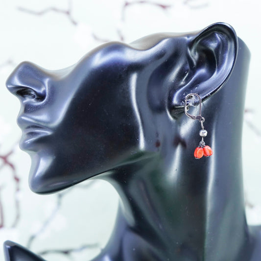 Vintage Sterling 925 silver handmade earrings with cluster coral beads