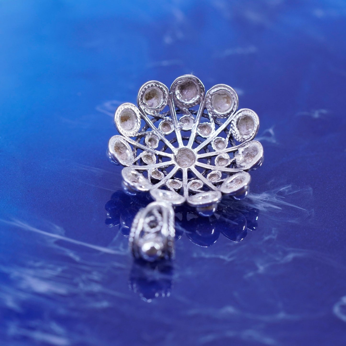 Vintage sterling silver handmade pendant, huge 925 flower pendant with beads