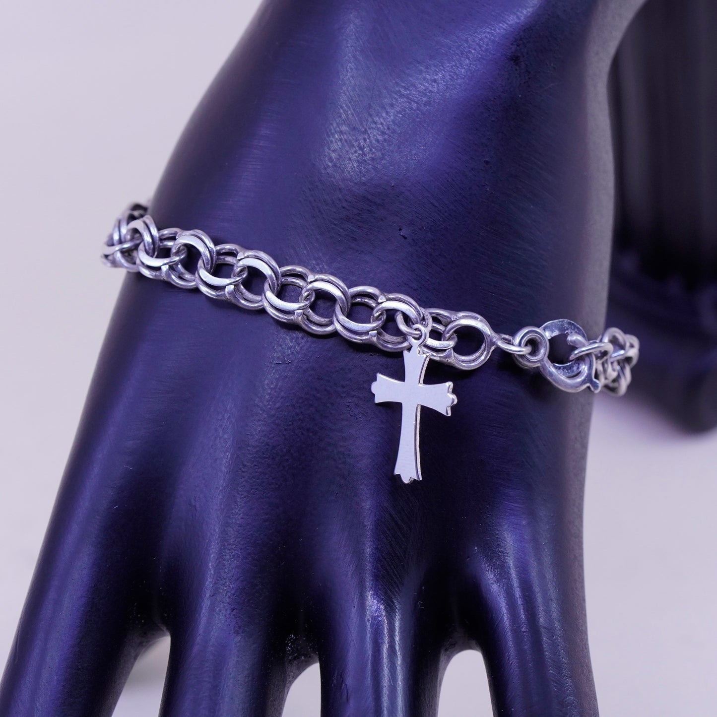 7.25”, 8mm, Vintage sterling silver double curb chain, 925 bracelet cross charm