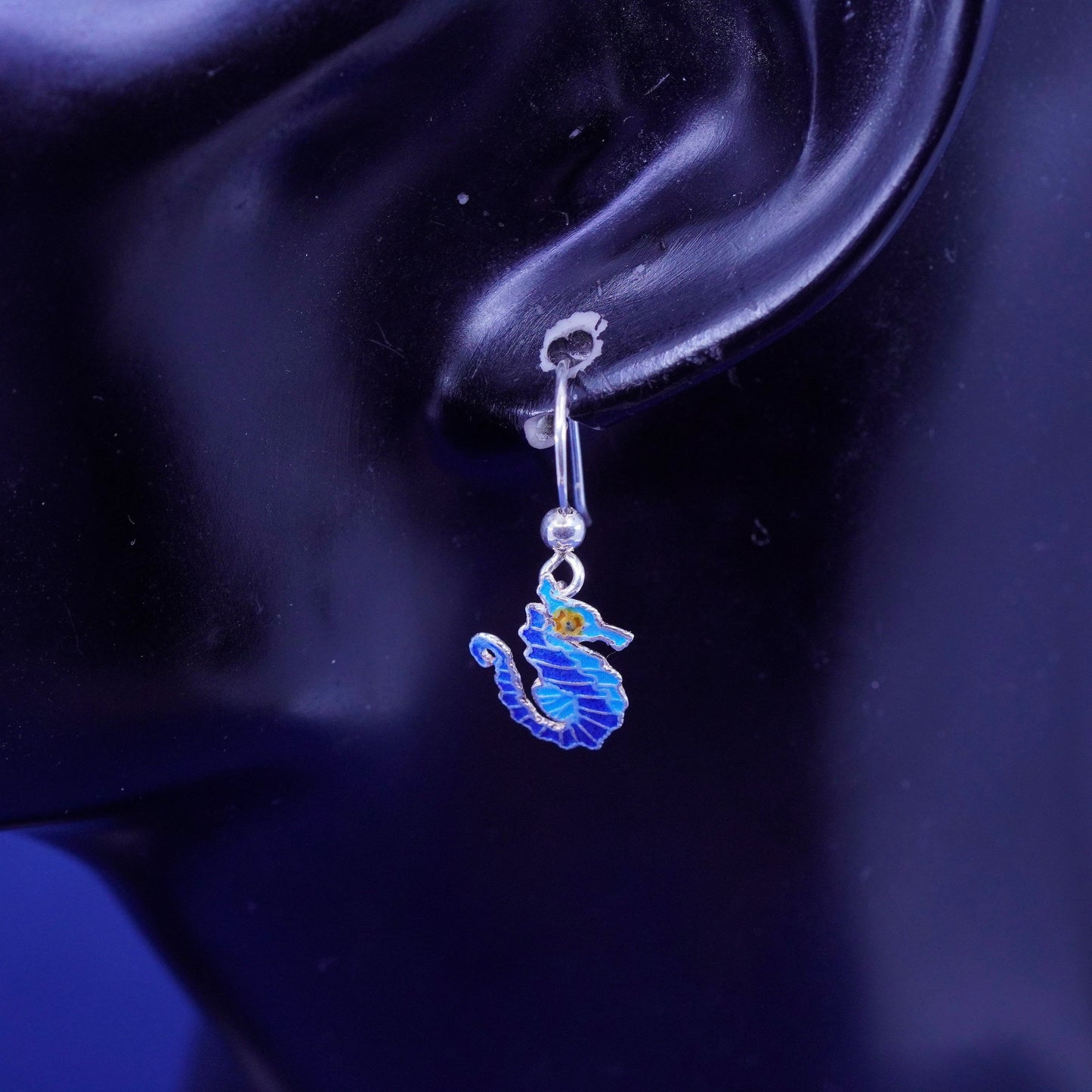 Vintage Sterling 925 silver handmade earrings, blue enamel seahorse
