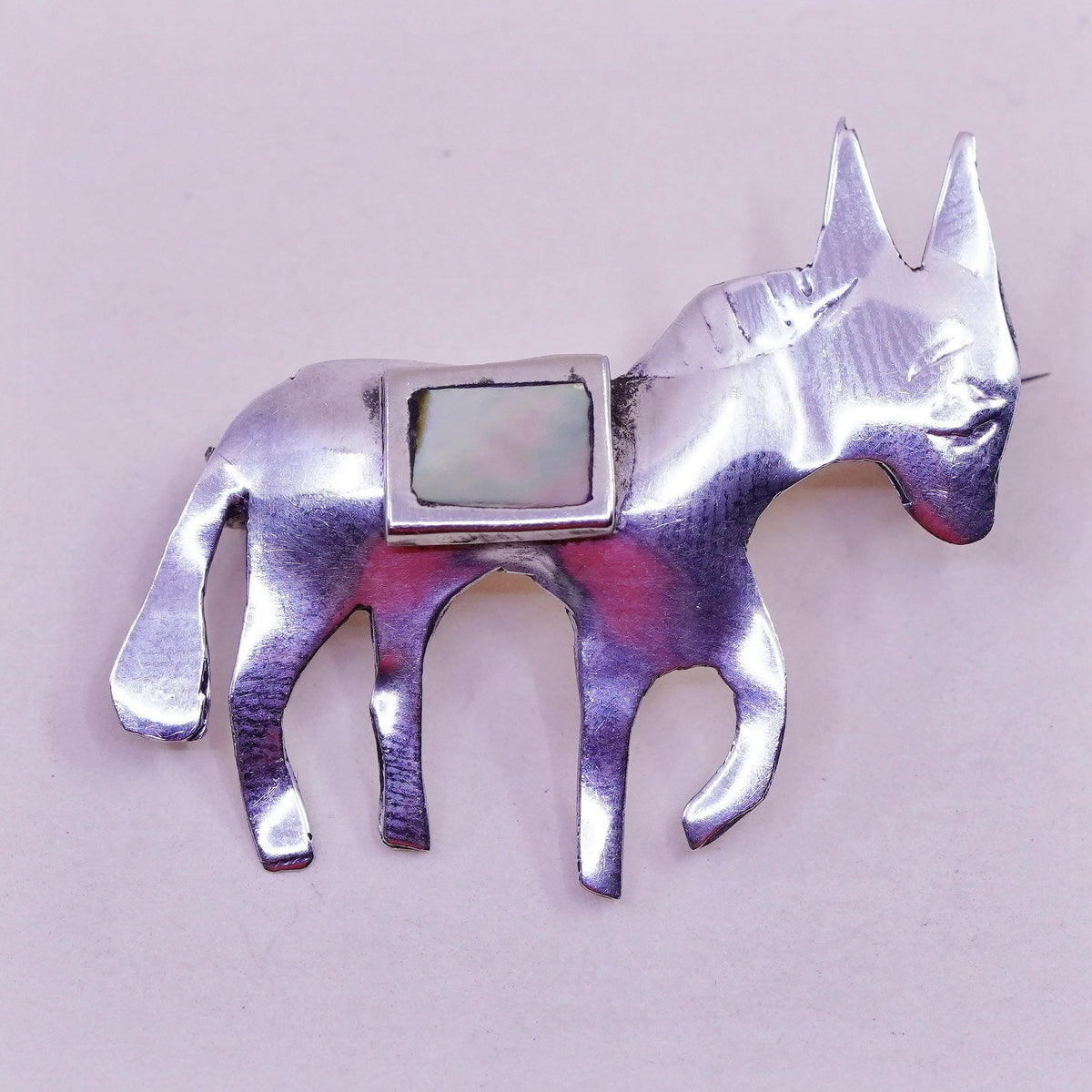 Antique Sterling silver handmade brooch, 925 donkey brooch with abalone