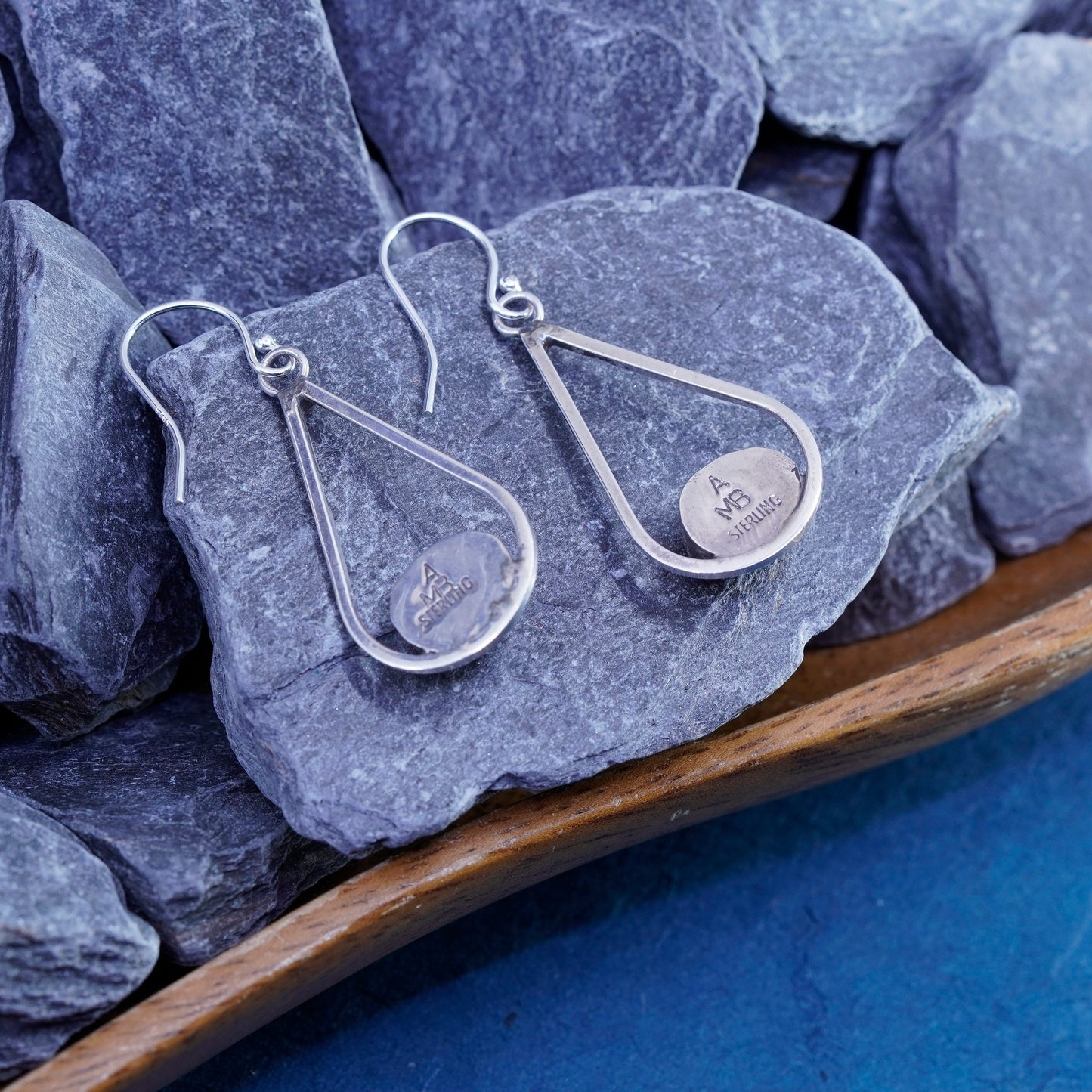 Native American AMB sterling 925 silver handmade teardrop earrings w/ obsidian