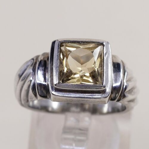 Sz 7, Vtg Sterling Silver handmade Ring, 925 Silver Ribbed Band W/ citrine