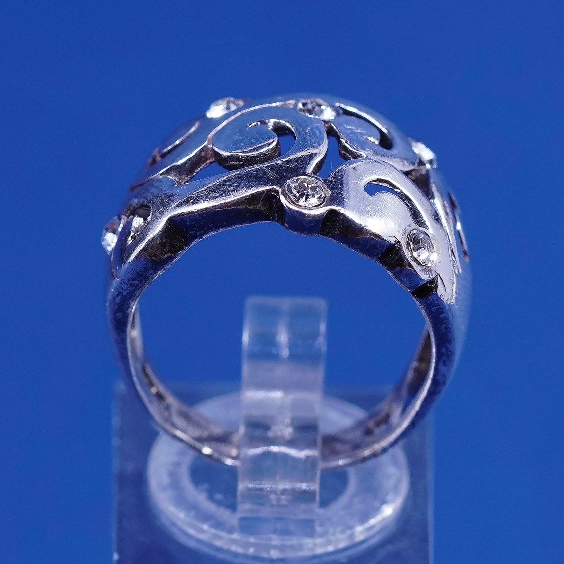 sz 7 vtg Sterling silver handmade ring, 925 swirl band w/ cz