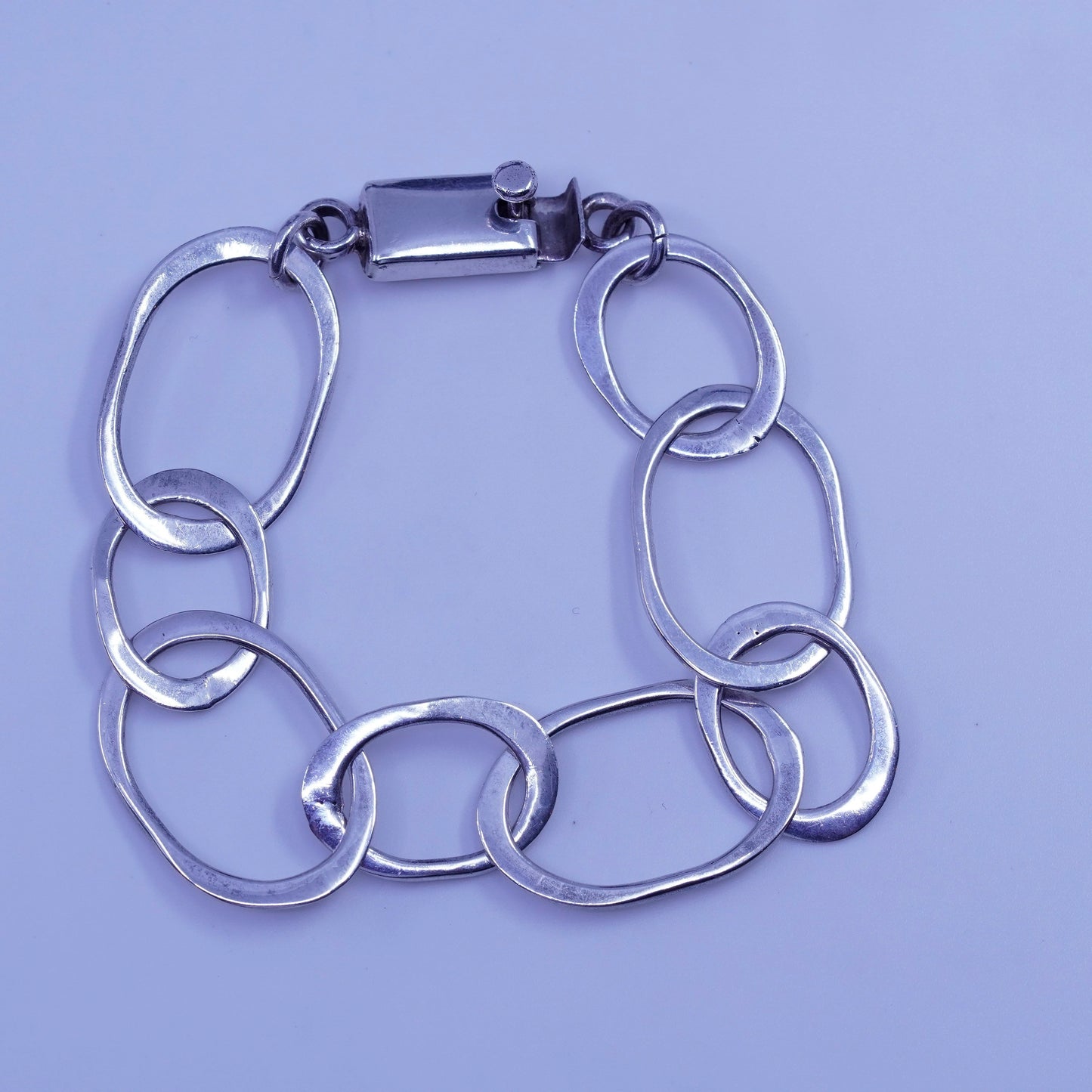 7”, Vintage Sterling 925 silver handmade bracelet, huge oval charm chain