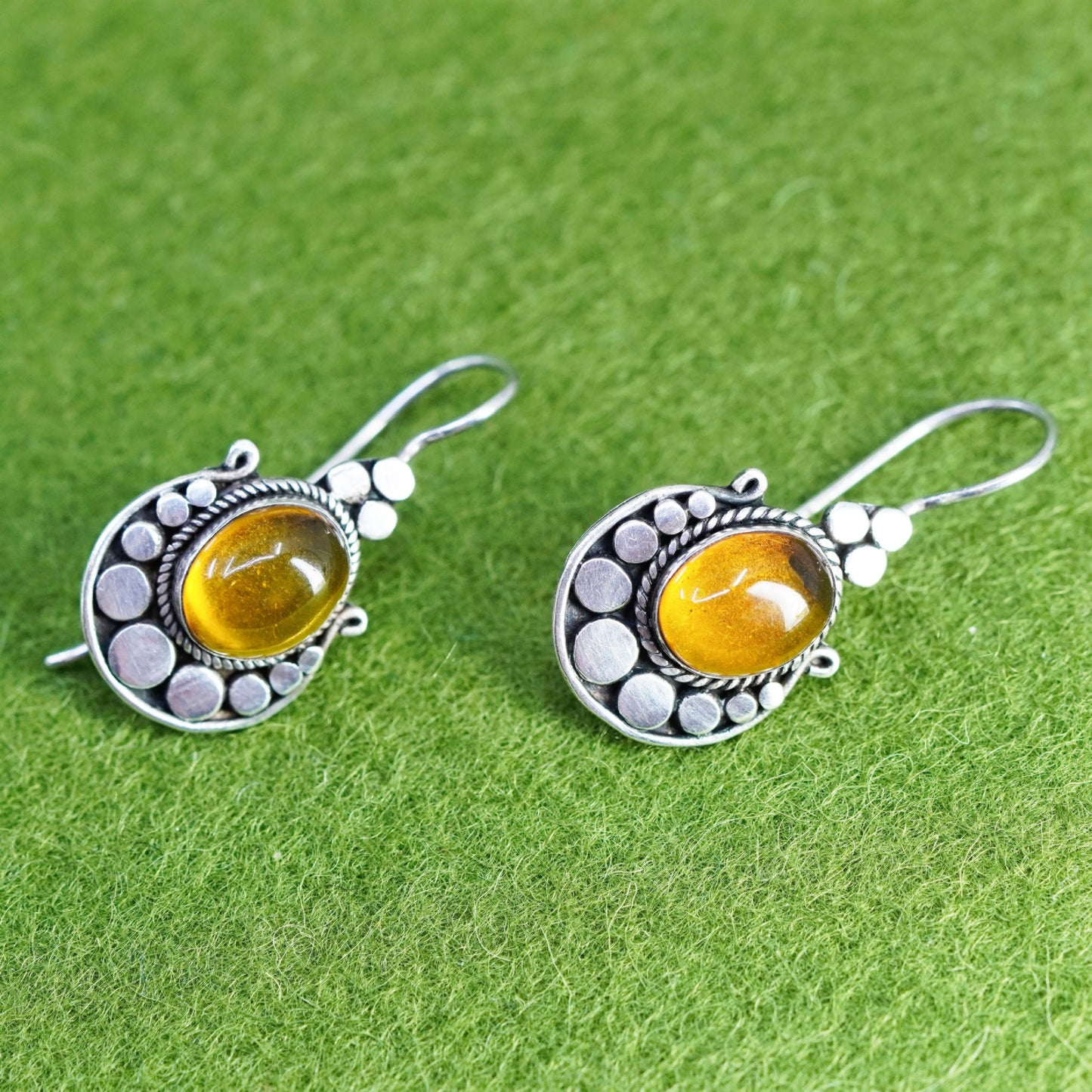 Vintage Sterling 925 silver handmade earrings with amber and beads