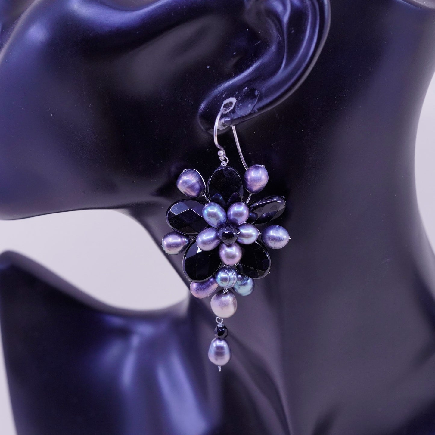 Vintage Soms Sterling 925 silver handmade earrings with flower pearl obsidian