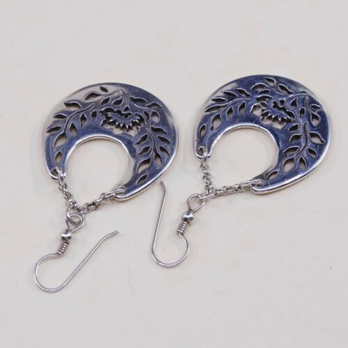 Vintage Sterling Silver Handmade Earrings, 925 Flower Leaves Cut Out Dangles