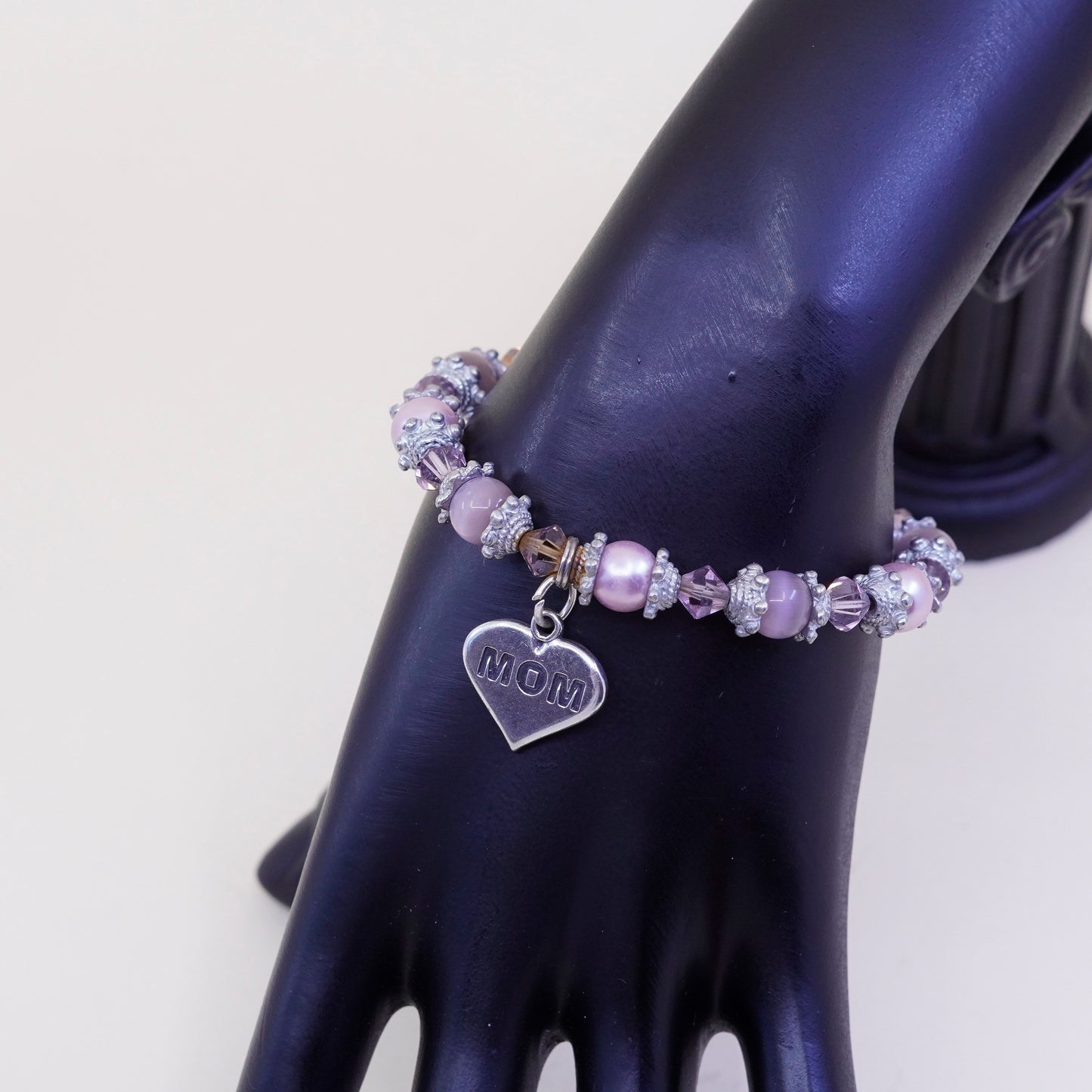 6.5”, bracelet pink pearl cat eye beads w/ elastic band sterling 925 silver
