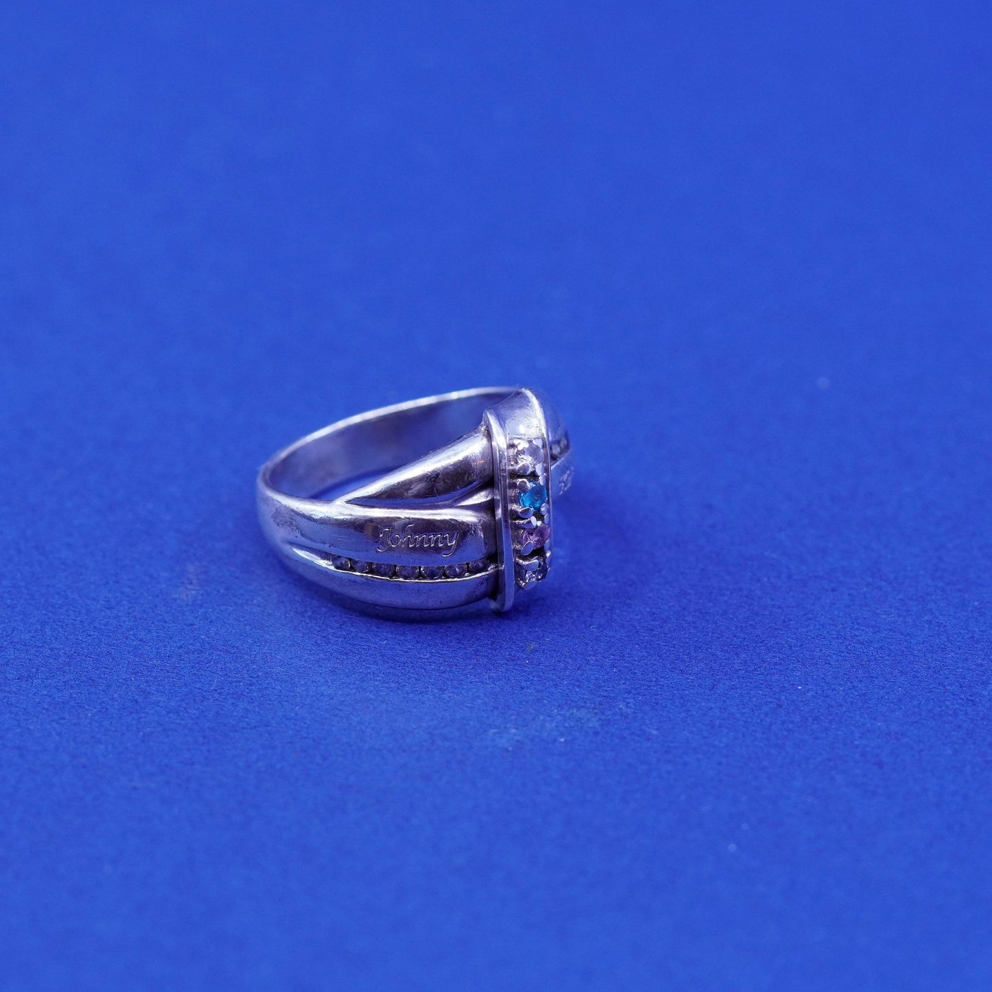 sz 6.25, Sterling 925 silver engagement ring blue pink crystal “Johnny Kaitlin