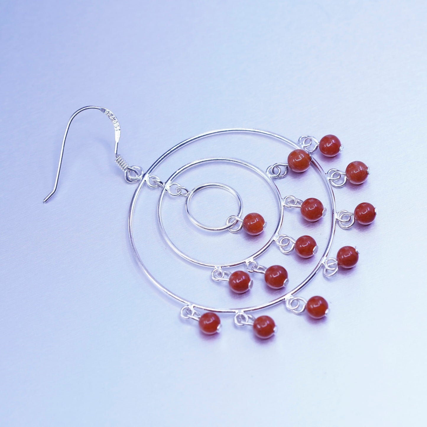 Vintage Sterling 925 silver handmade multi circle earrings with carnelian beads