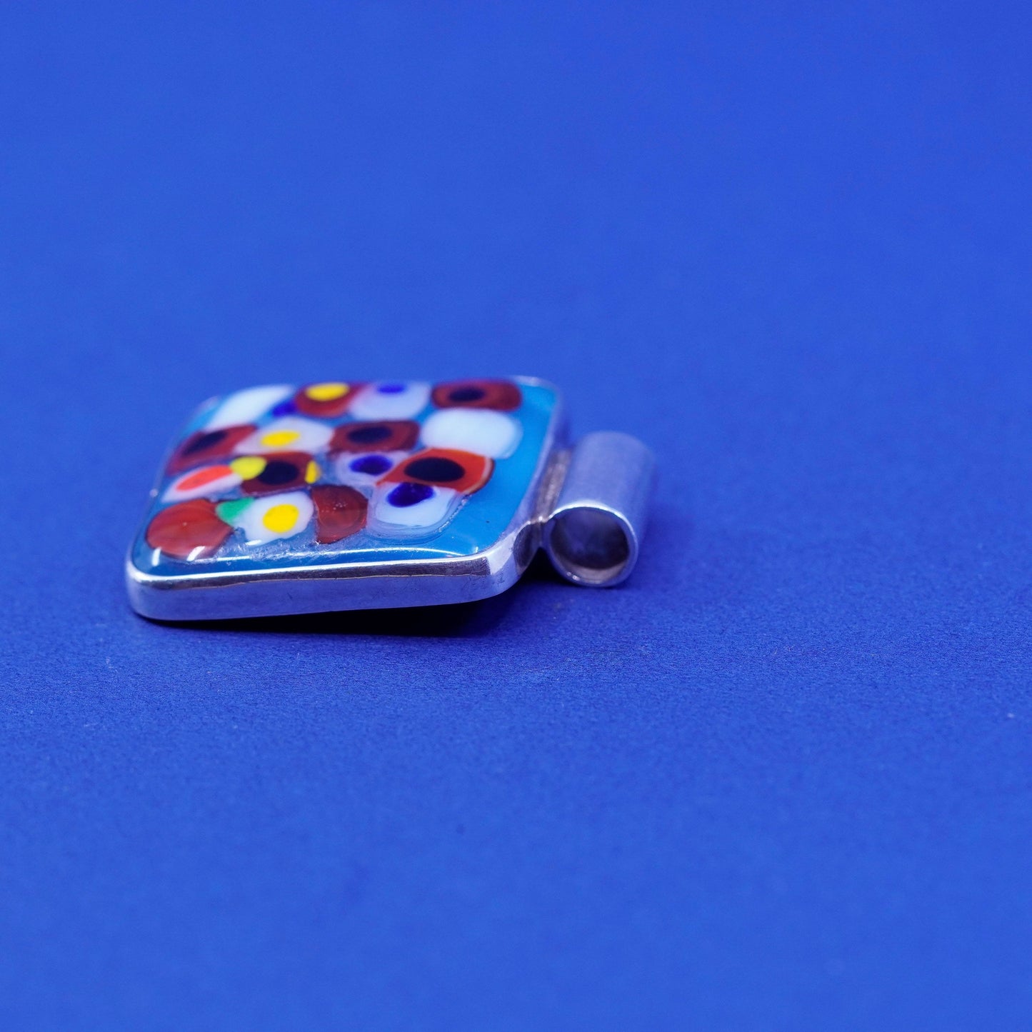 Vintage sterling 925 silver handmade pendant with square blue dichroic glass