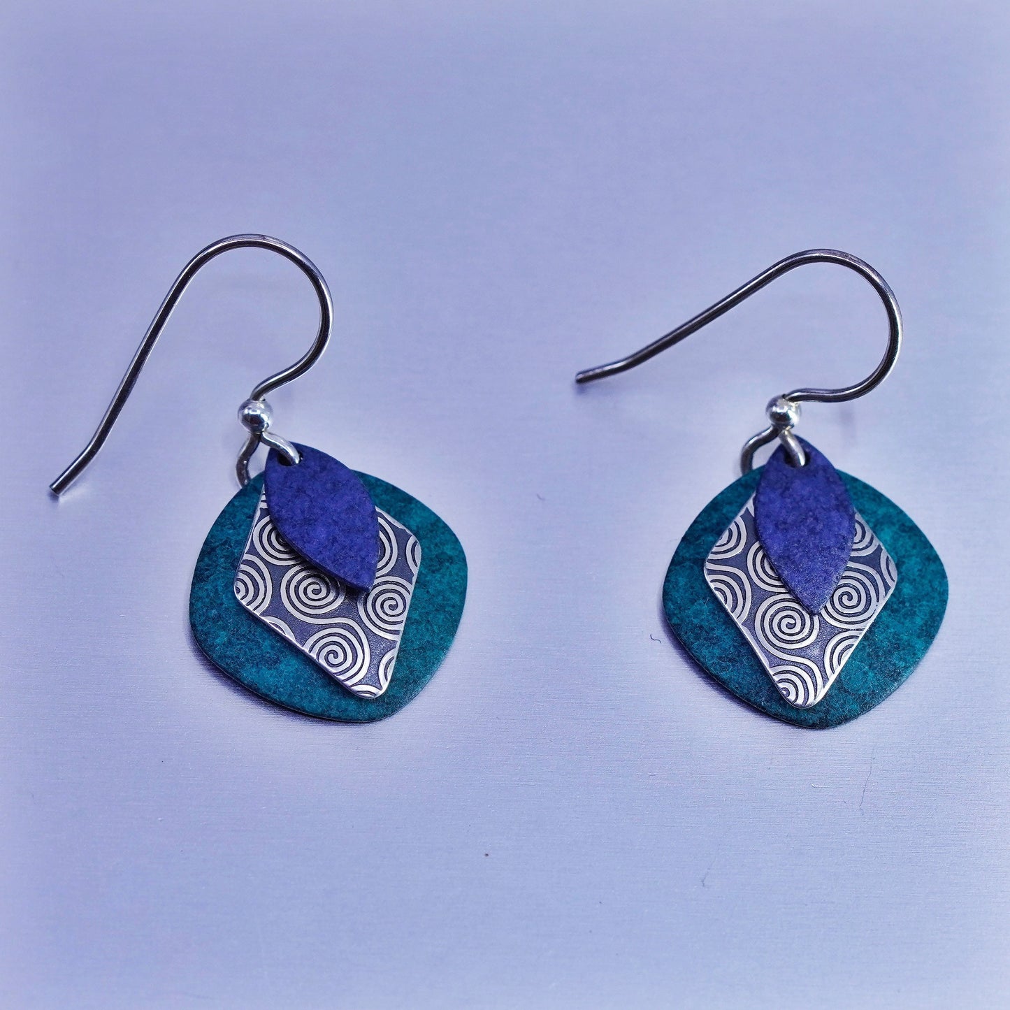 Vintage Sterling 925 silver handmade earrings with green and swirly discs