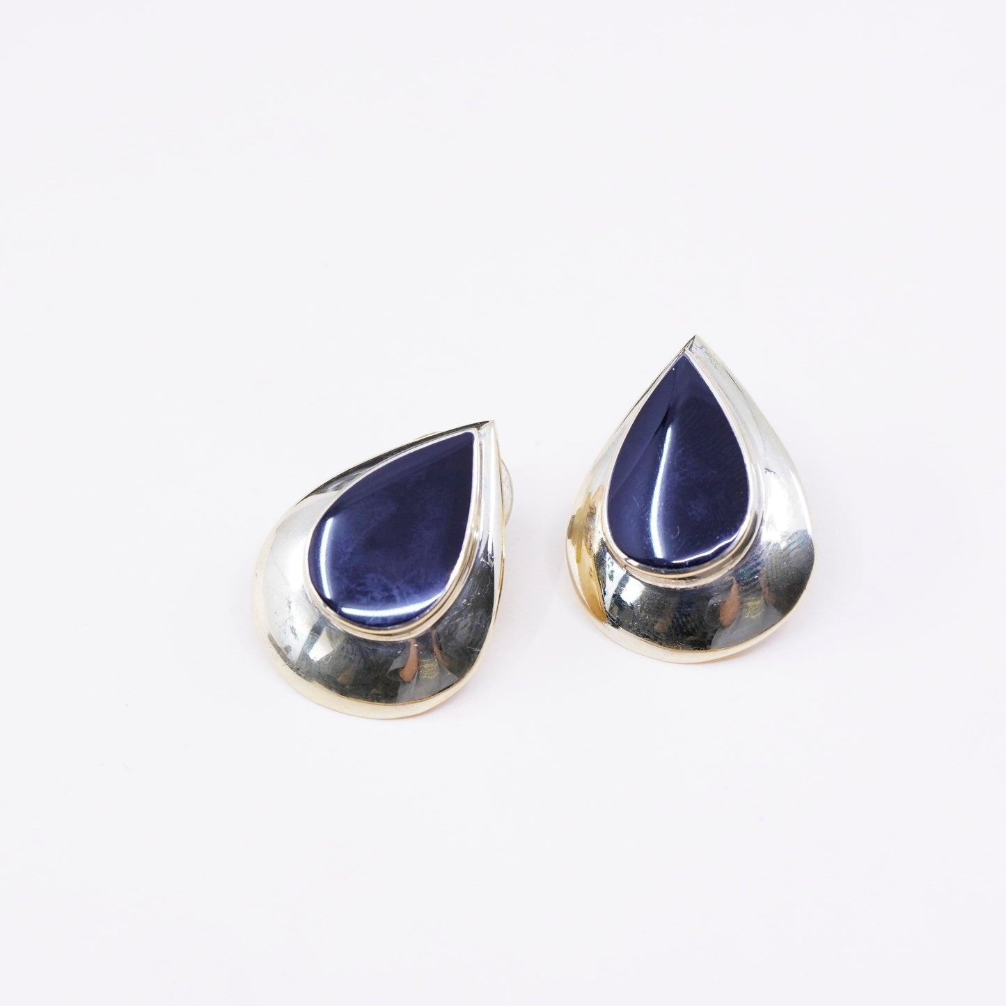 vermeil gold over Sterling silver handmade earrings, 925 teardrop stud w/ onyx