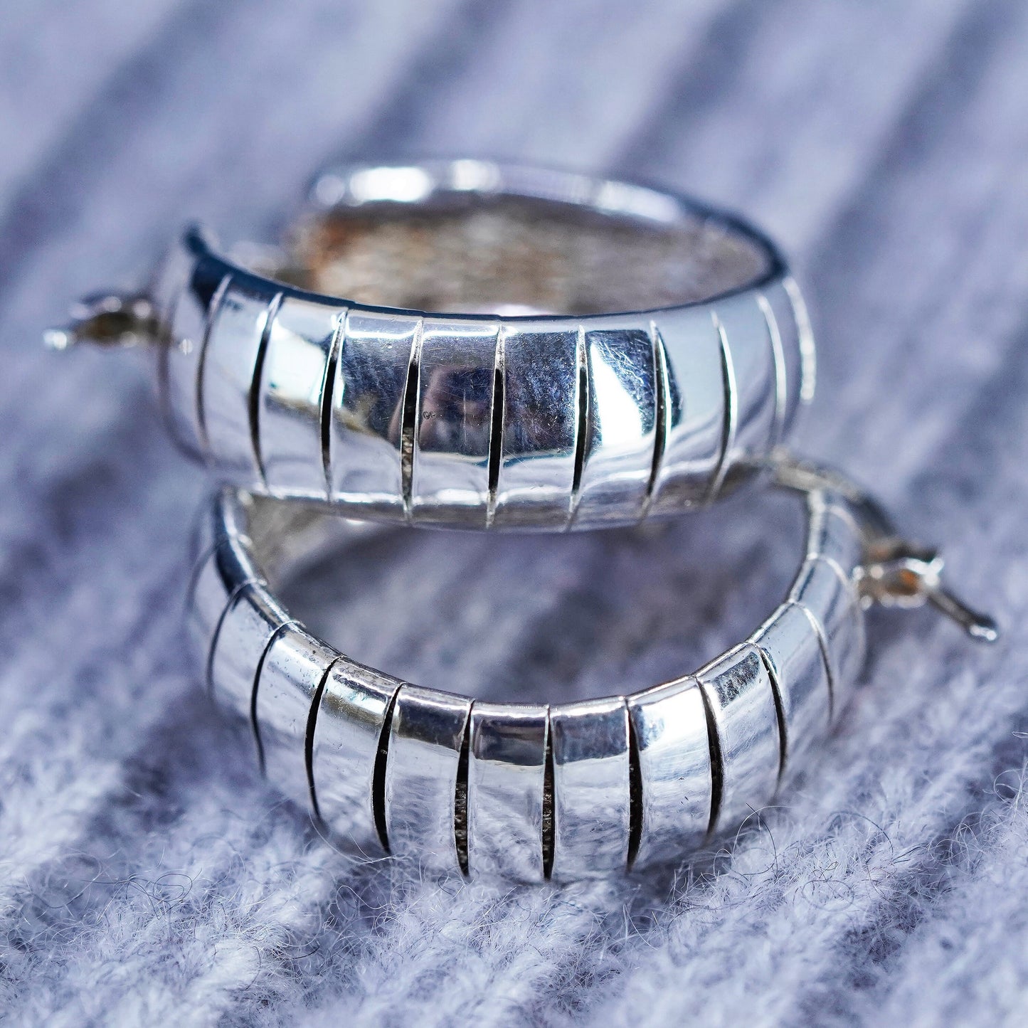 0.75”, vintage Sterling silver handmade hoop earrings, 925 ribbed huggie