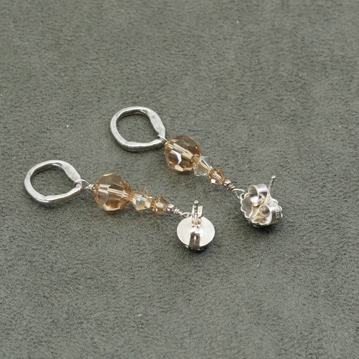 Vintage Sterling silver handmade earrings, 925 circle w/ yellow crystal beads