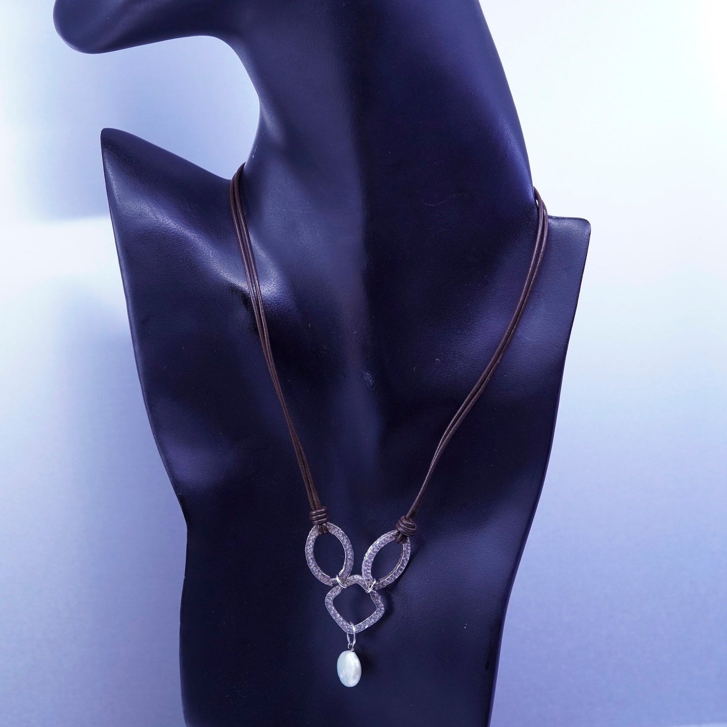 16+2”, Silpada .925 Sterling Silver Handmade Pearl brown Leather Necklace N1257