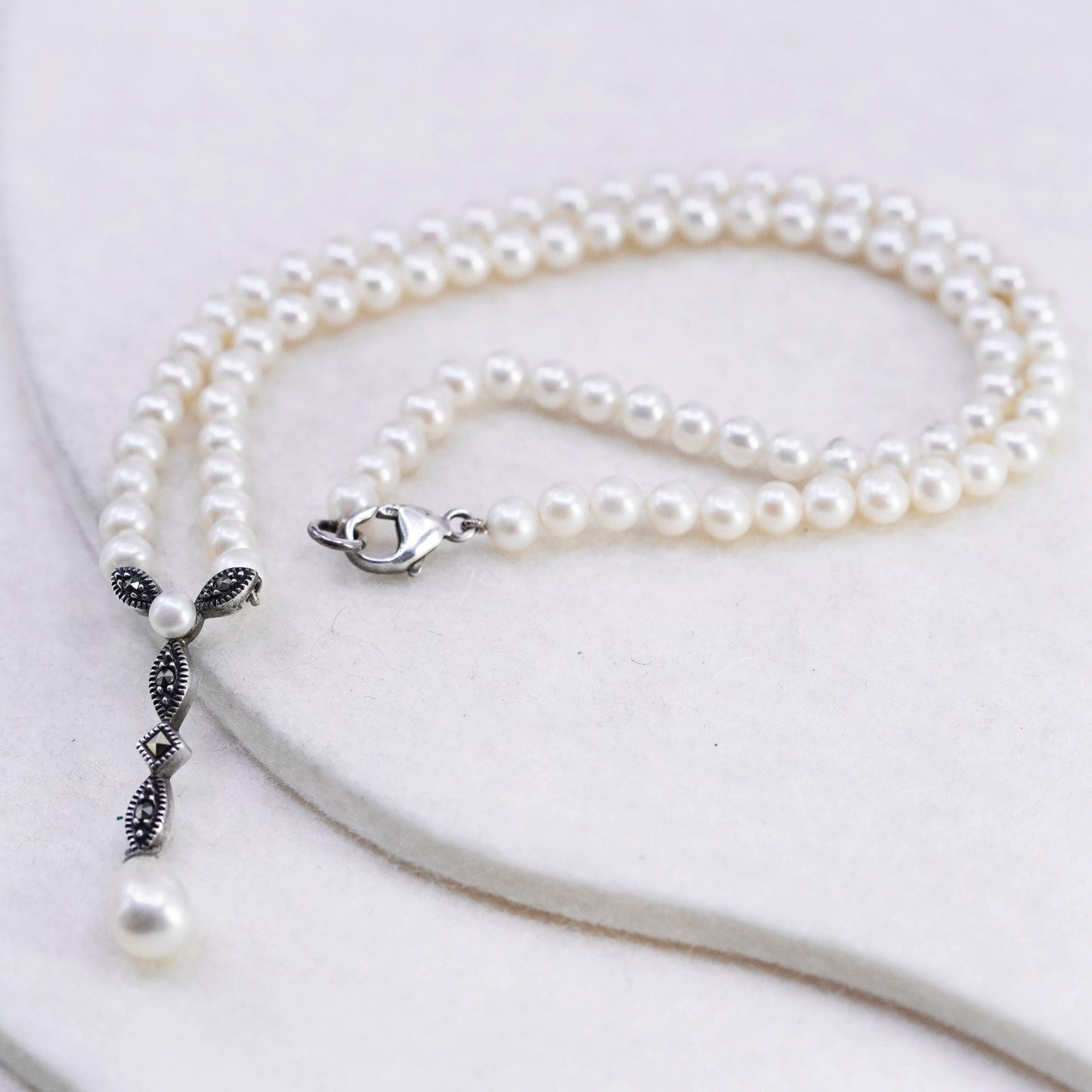 16”, Judith Jack Sterling 925 silver pearl chain tennis necklace Marcasite