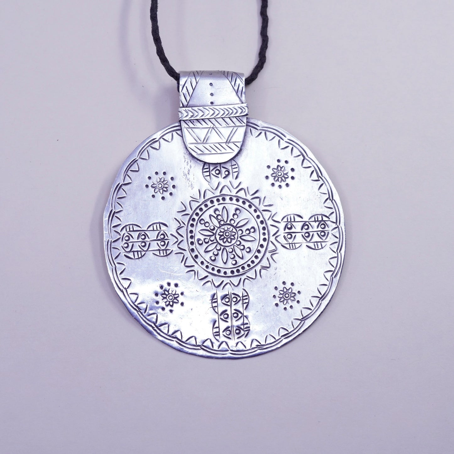16”, Vintage sterling silver handmade necklace, 925 round pendant linen thread