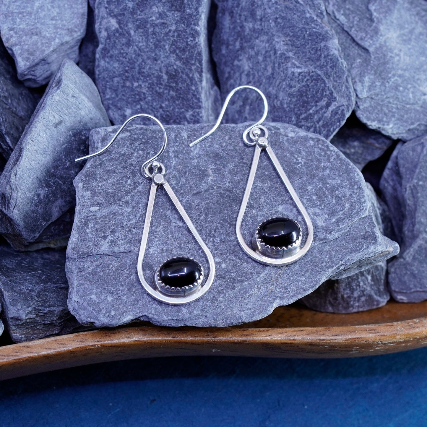Native American AMB sterling 925 silver handmade teardrop earrings w/ obsidian