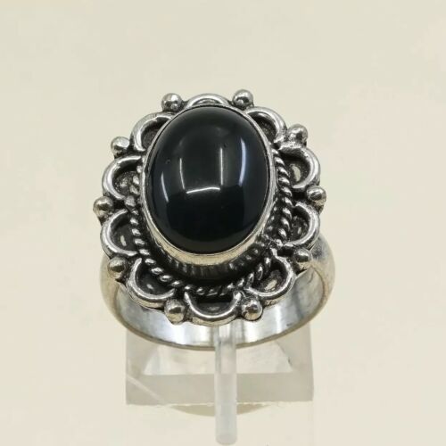 Sz 9.5, Vtg Sterling Silver Handmade Ring, 925 Silver Band W/ Oval obsidian