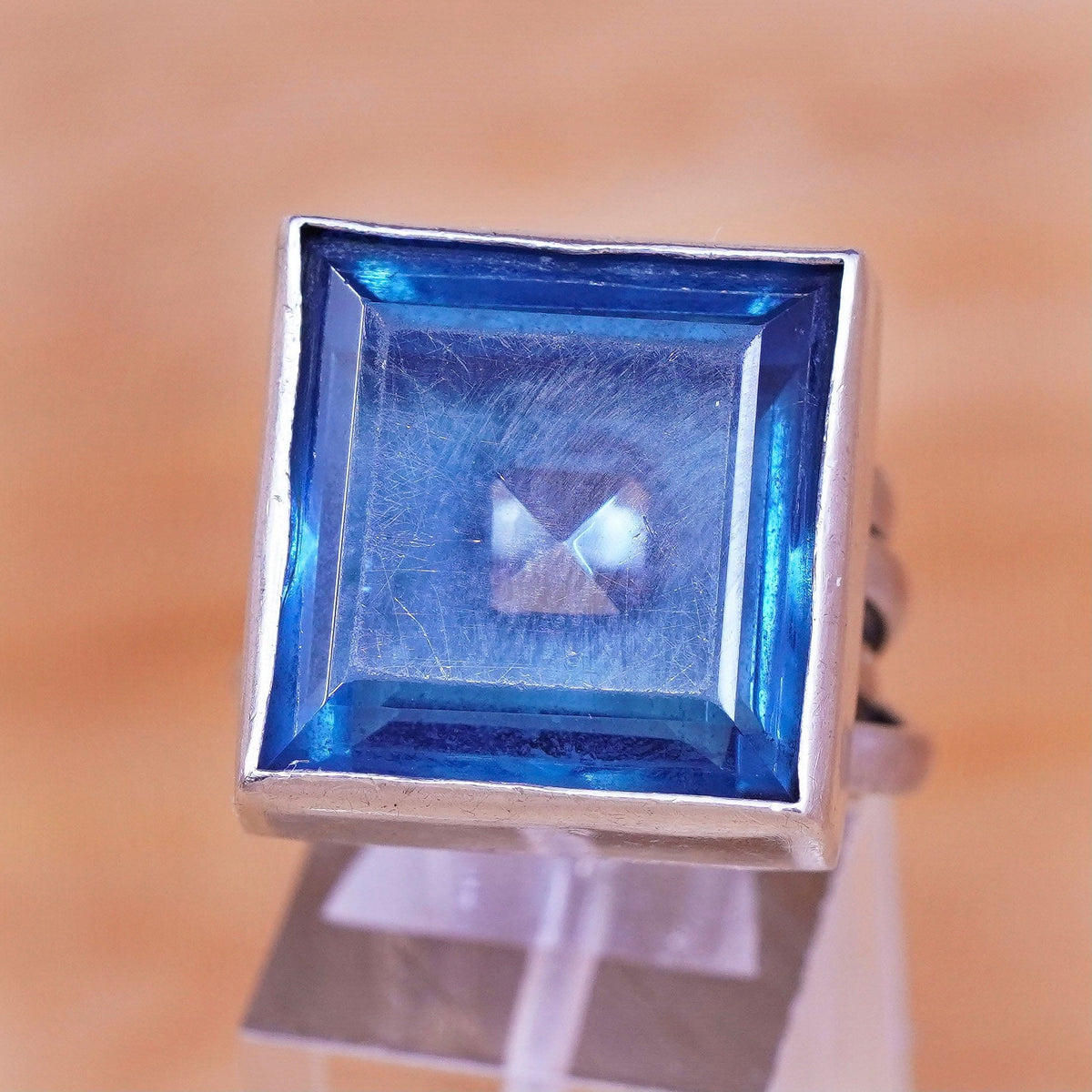sz 5.5, vintage handmade statement ring, Sterling Silver square blue glass Ring