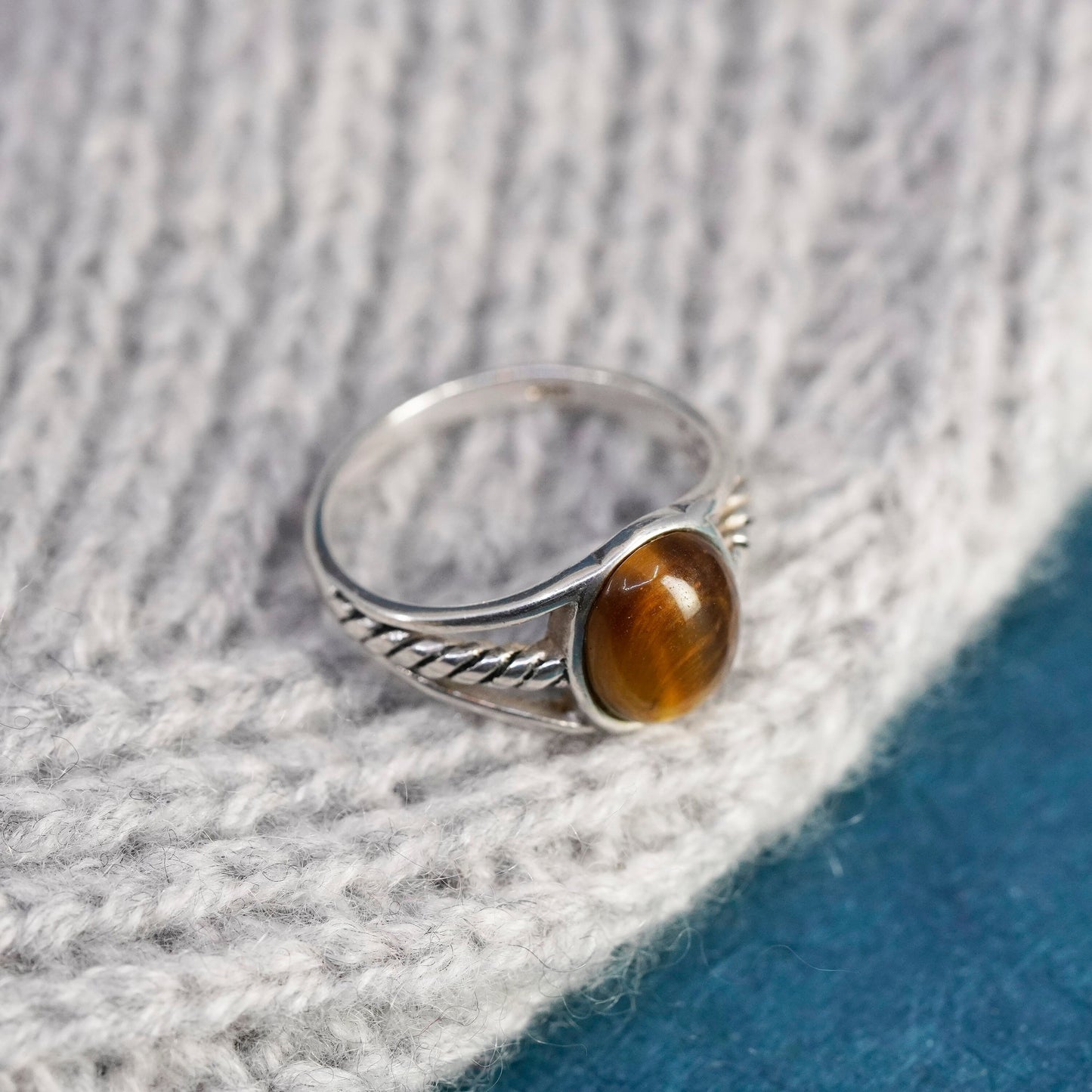 Size 7, vintage Sterling 925 silver handmade ring with golden tiger eye