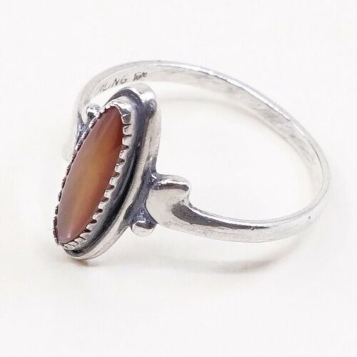 Sz 4.5, Vintage Handmade Sterling Silver Ring W/ Orange Tiger Eye, Silver Tested