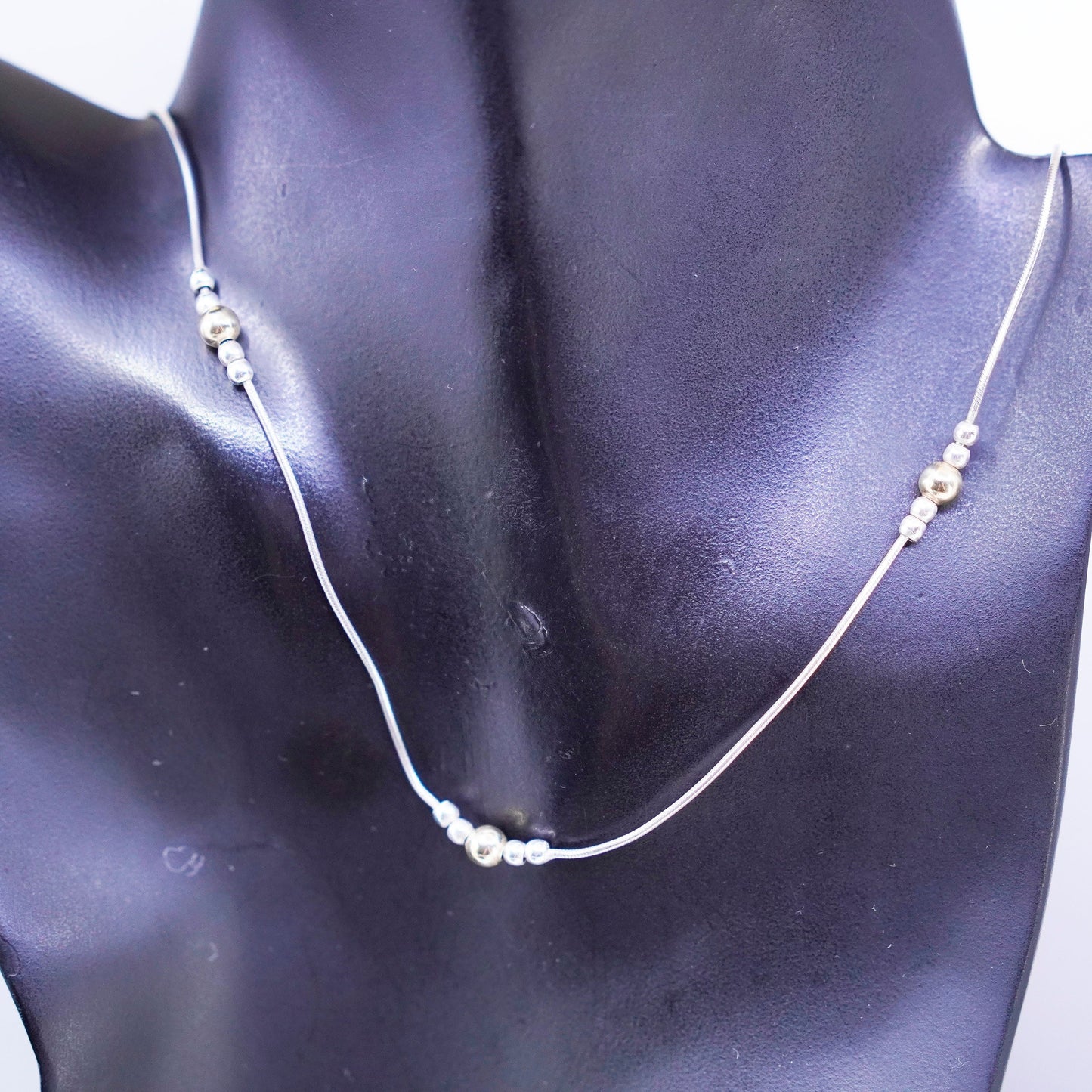 16”, vintage Sterling 925 silver handmade snake necklace with 14K gold beads