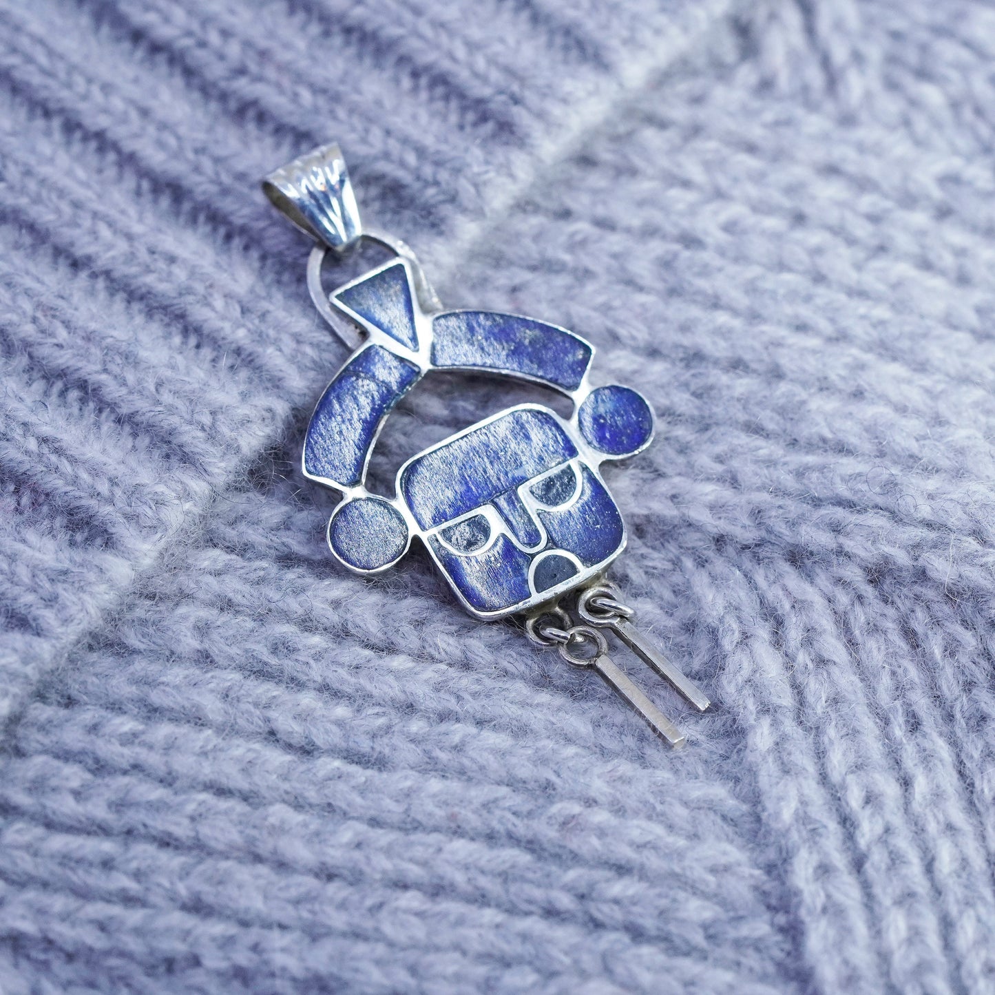 vtg Sterling 980 silver handmade pendant, Peruvian Inca face god lapis lazuli