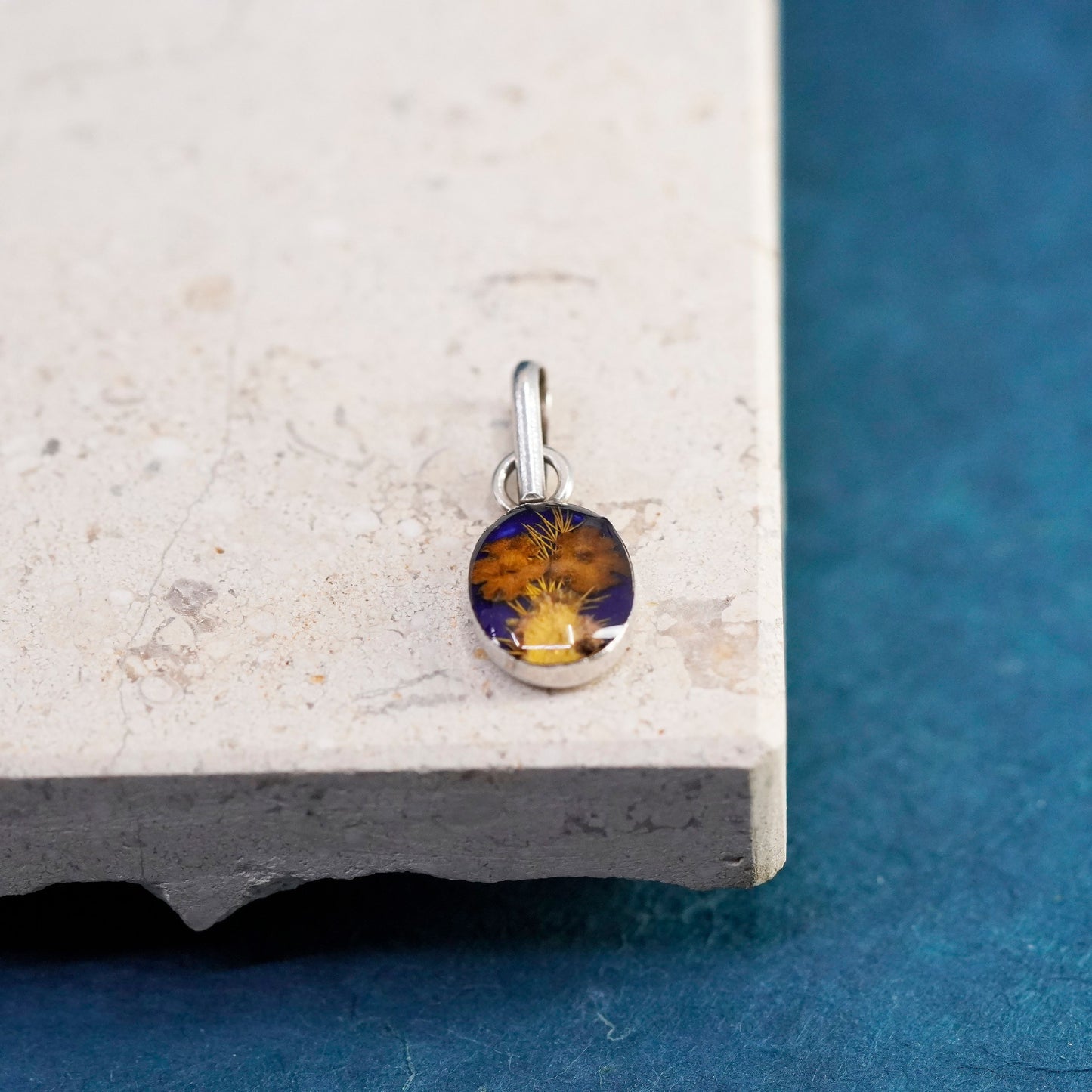 Vintage sterling silver handmade pendant, 925 resin flower