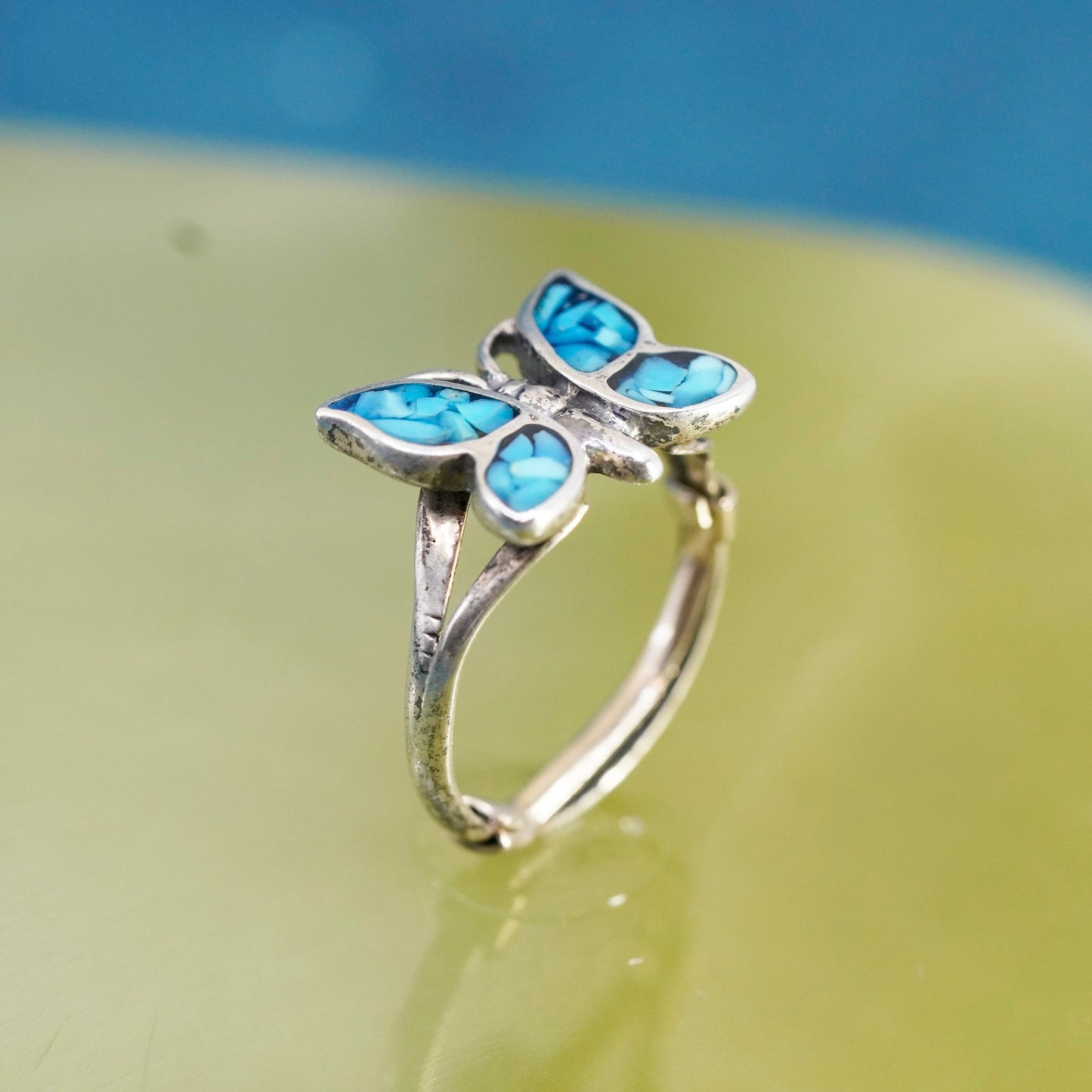 Size 2.75, Native American sterling silver pinky ring, 925 butterfly turquoise