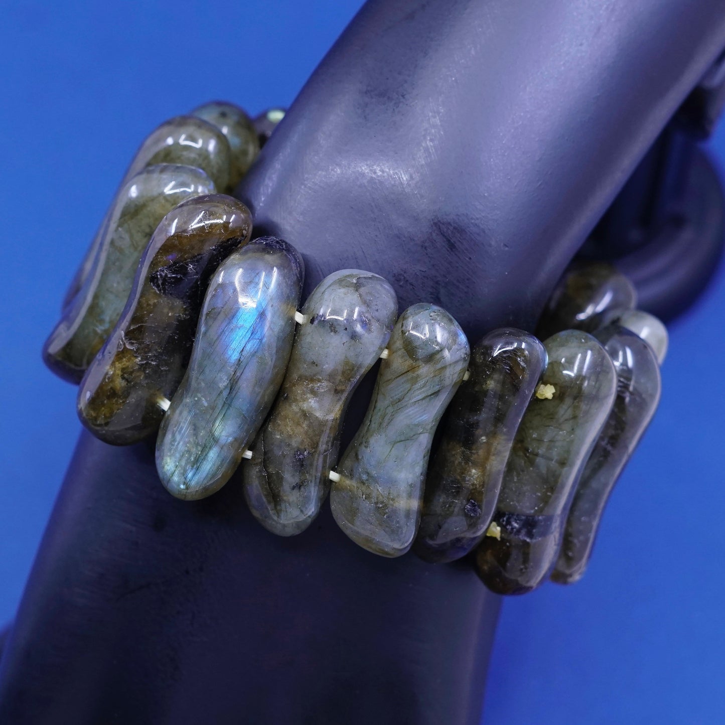6”, Vintage handmade bracelet, elastic long labradorite beads wide bangle