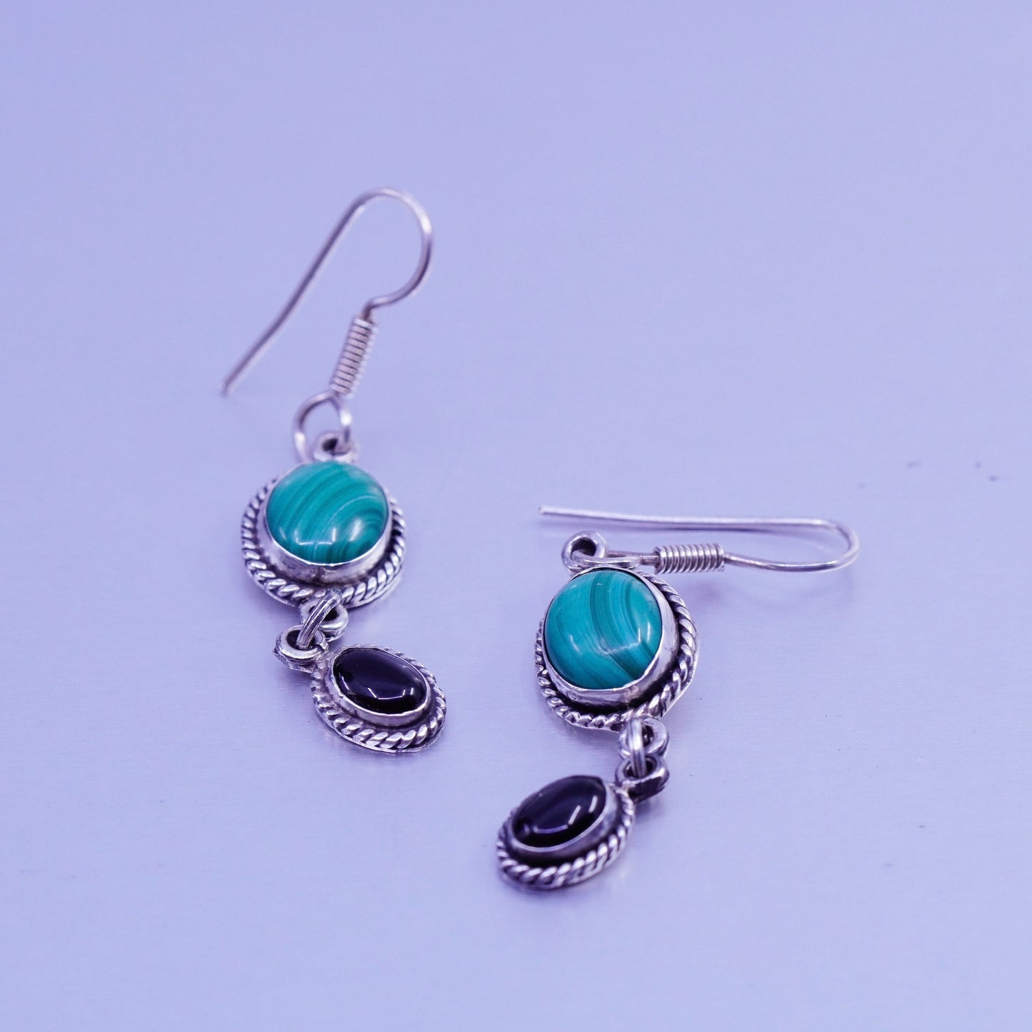 Vintage Sterling 925 silver oval earrings with malachite and obsidian