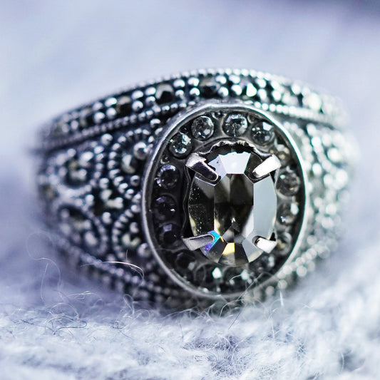 Size 8, vintage Sterling 925 silver handmade ring, band w/ cluster marcasite cz