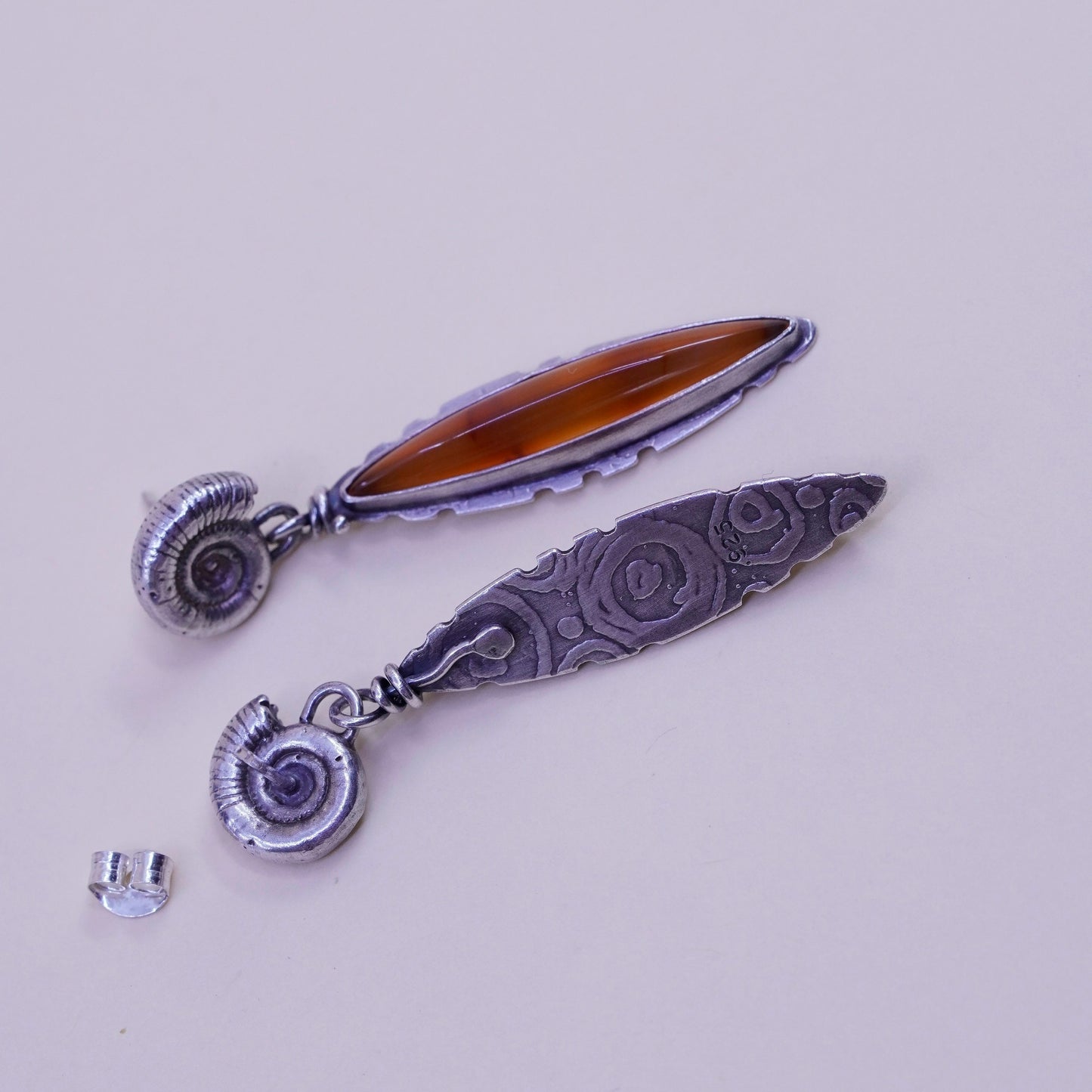 Vintage sterling 925 silver handmade shell earrings with Marquise honey Amber