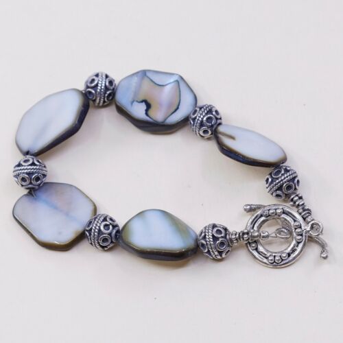 6.5”, Vtg Handmade Abalone Disc Bracelet W/ Silver Tone Toggle Claiyfe