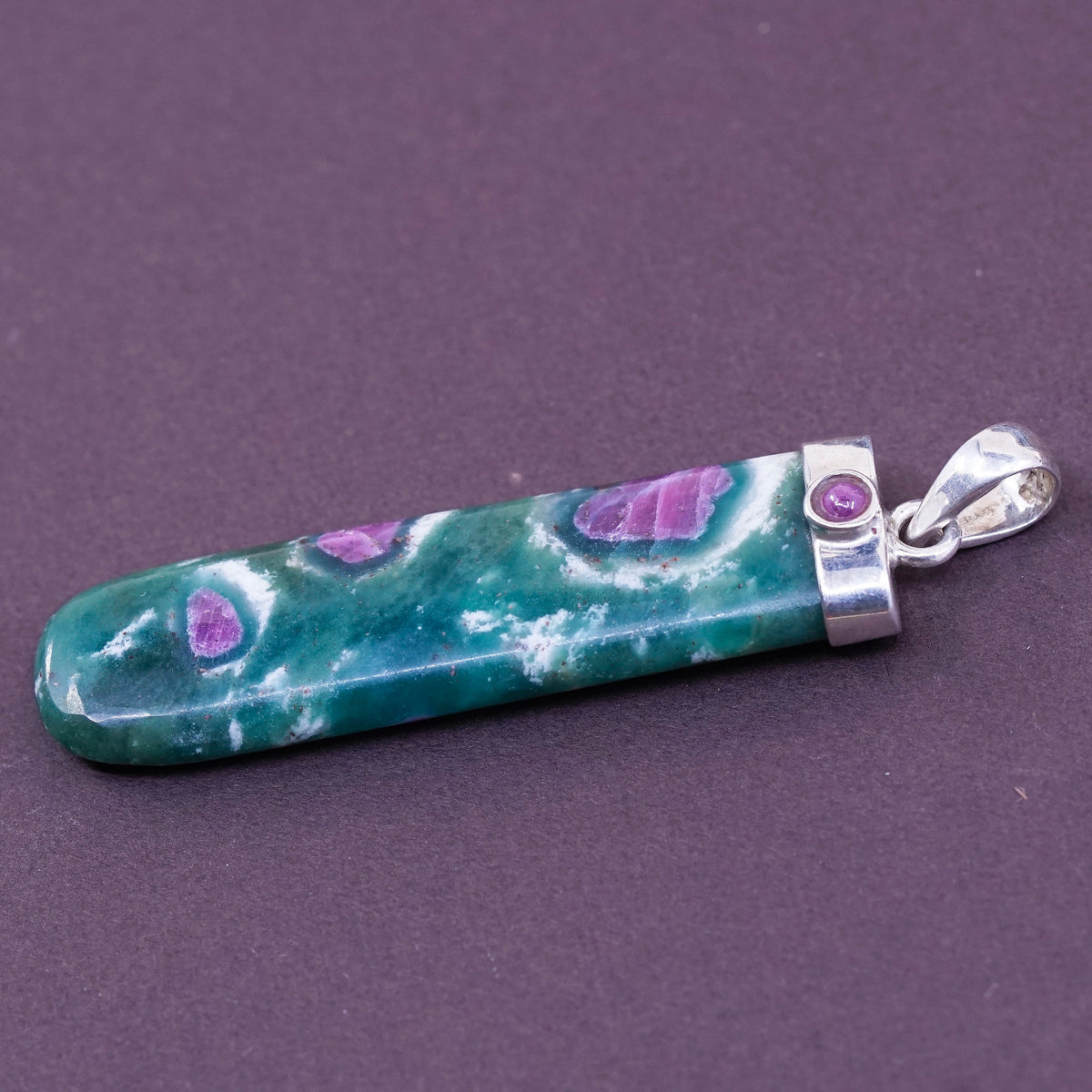 Vintage Sterling 925 silver handmade pendant with long green and purple jade