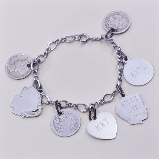 7”, sterling silver handmade bracelet, 925 Figaro chain w/ coin charms names