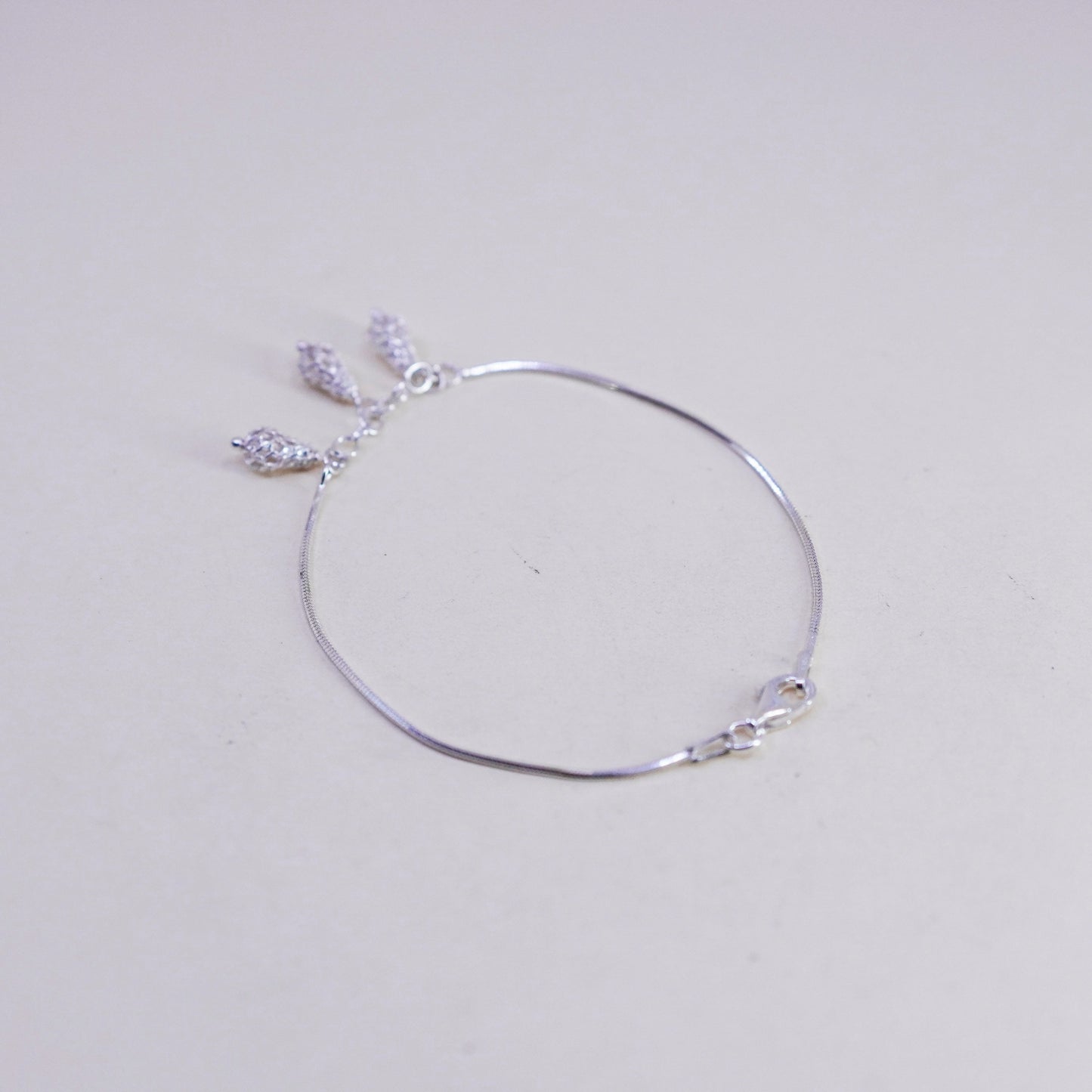 7”, vintage Sterling silver bracelet, 925 snake chain filigree teardrop charm