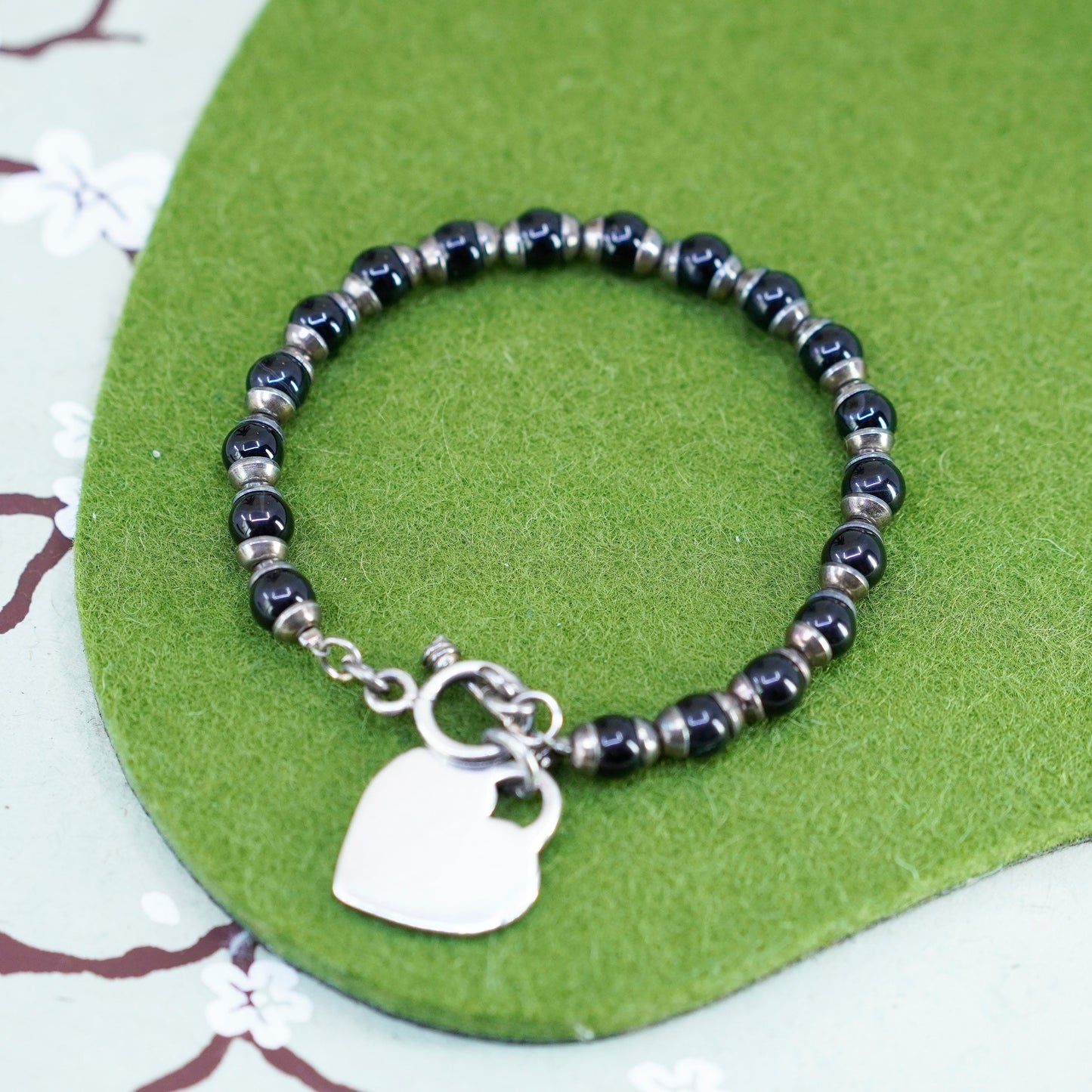 7”, Sterling 925 silver bracelet with obsidian bead chain and heart closure