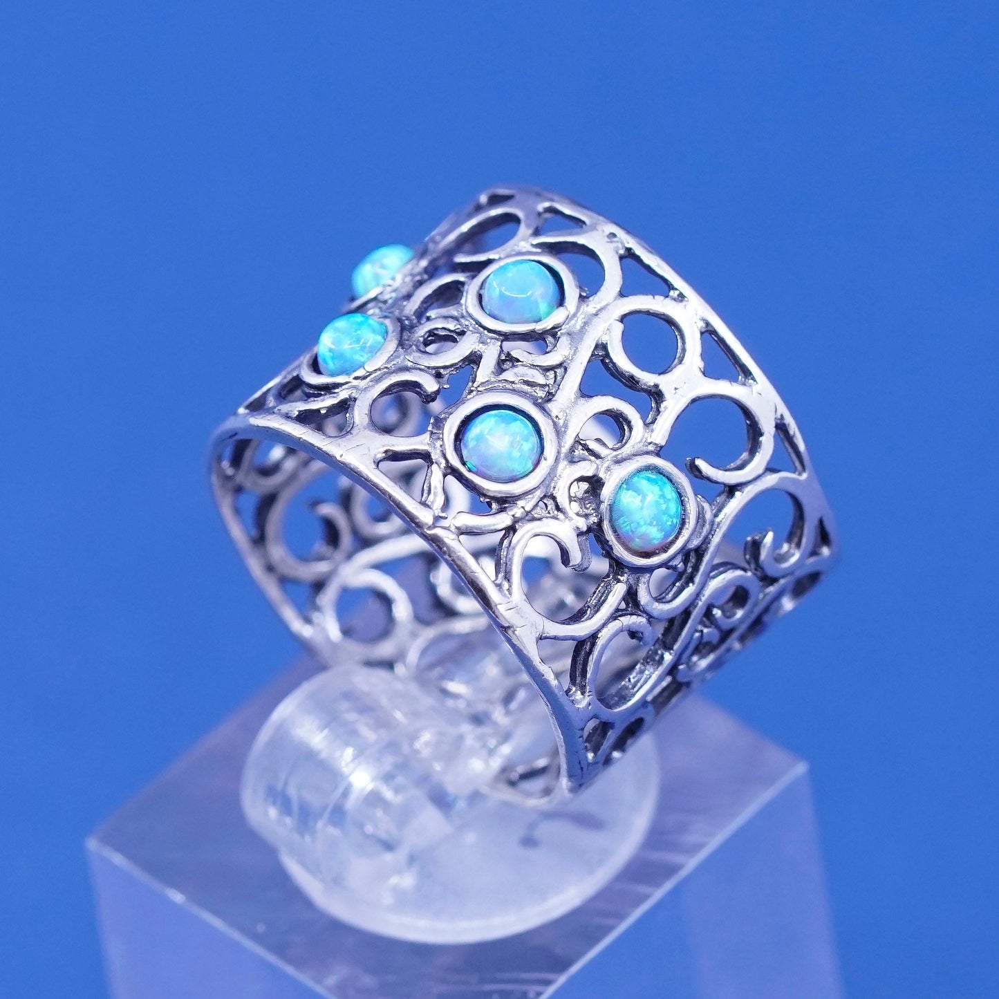 Size 8, vtg Israel sterling silver ring, handmade 925 filigree band w/ opal