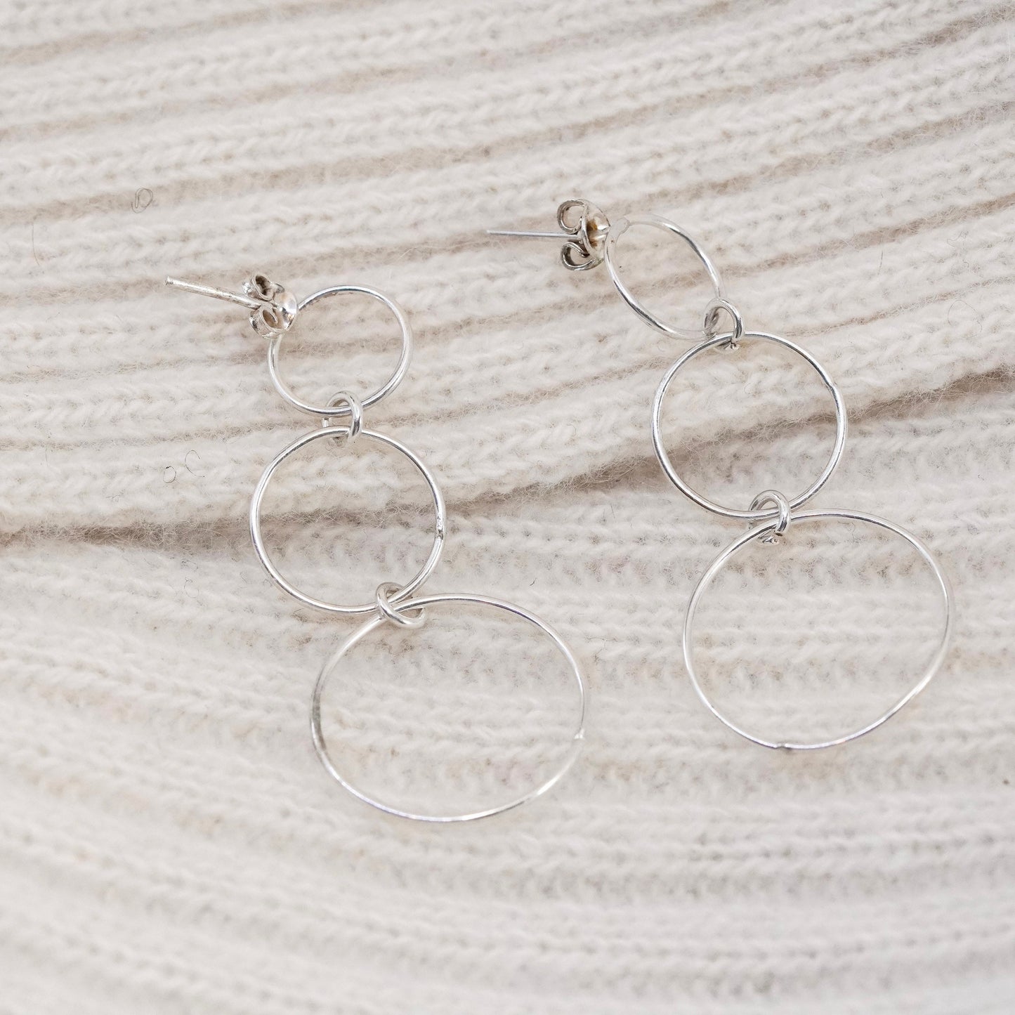 Vintage sterling silver handmade earrings, 925 multi circle dangles
