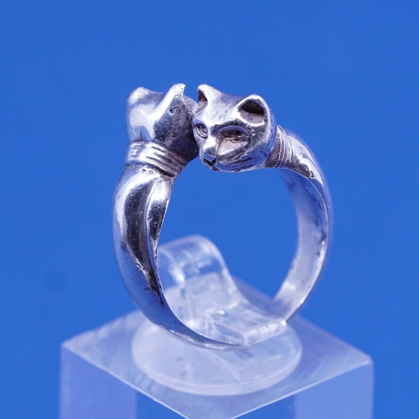 Size adjustable, vtg Sterling Silver Handmade ring, 925 double cat wrap band